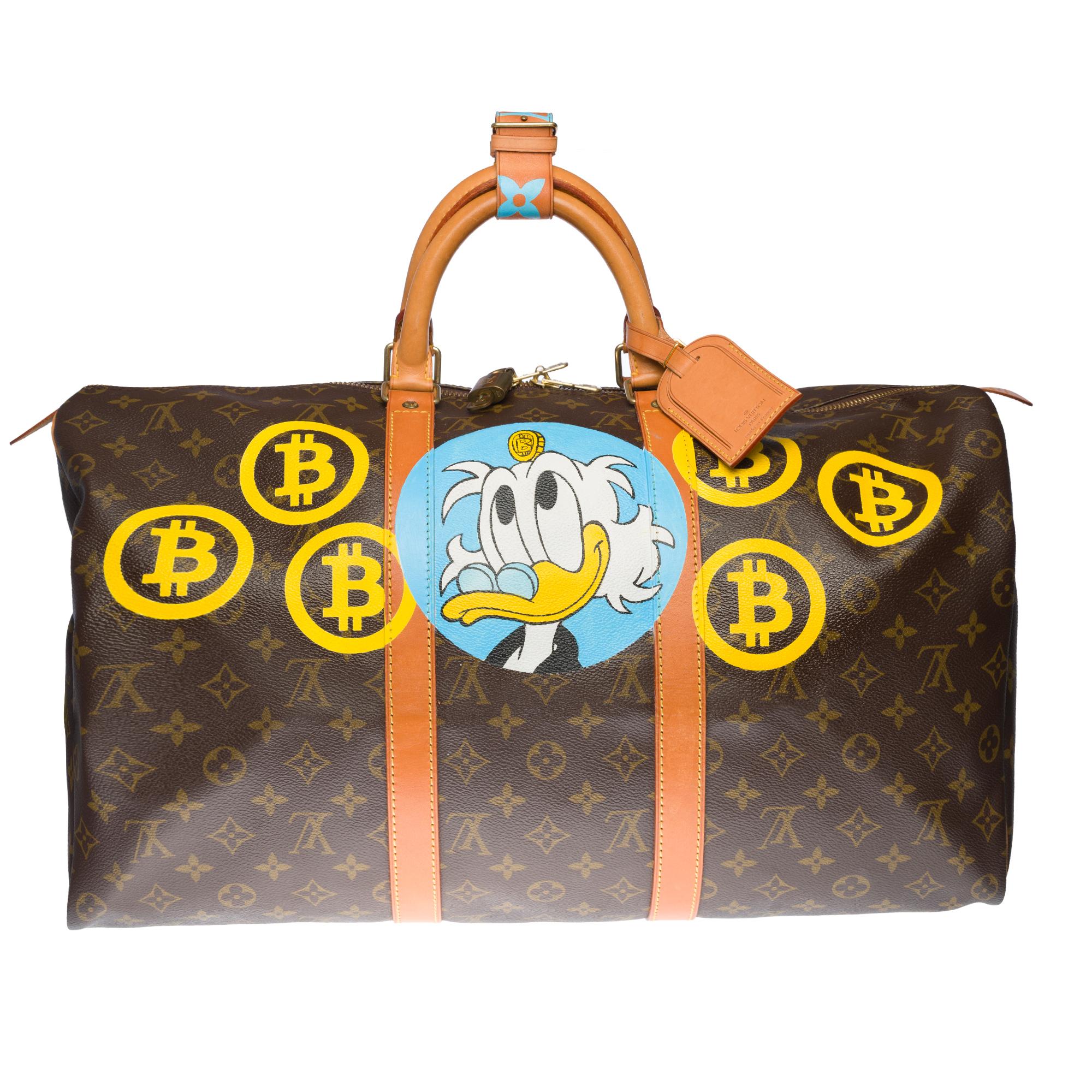 Exceptional Louis Vuitton Keepall travel bag 50 cm with shoulder strap in brown monogram canvas and customized natural leather 