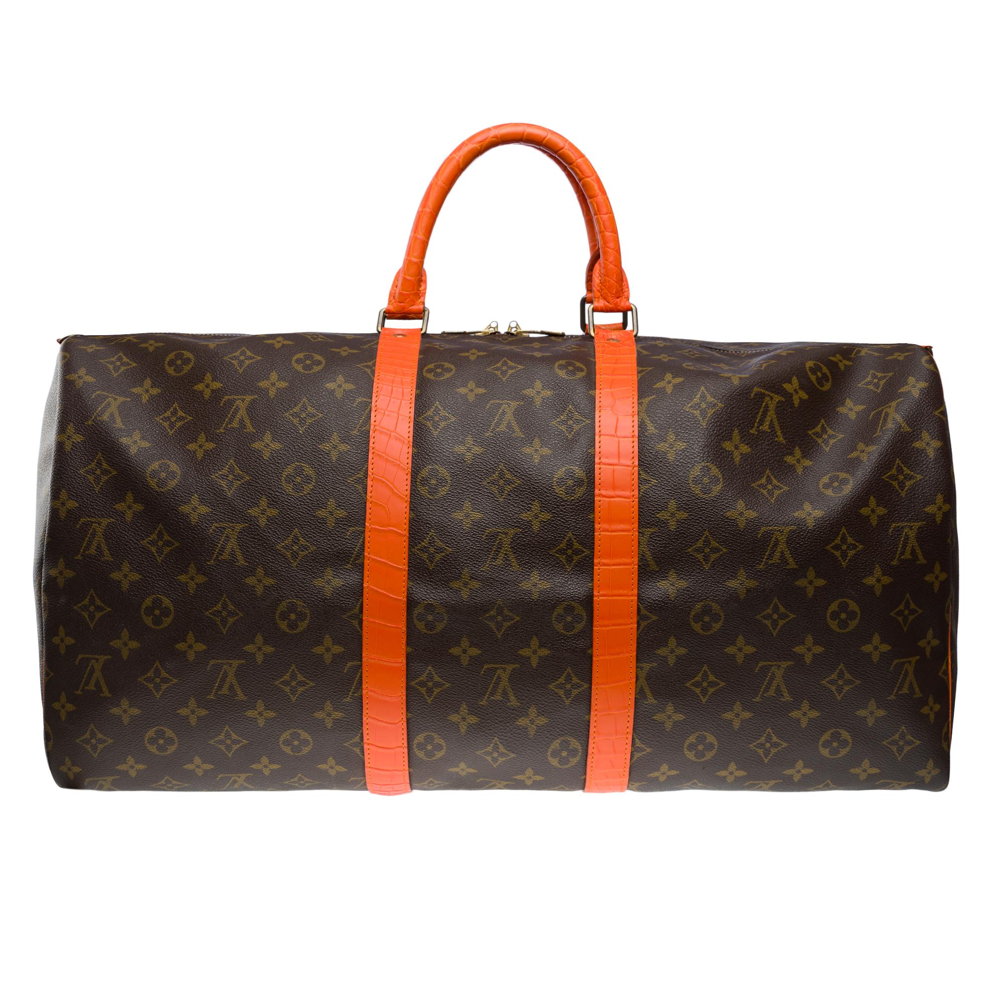 Customized Louis Vuitton Keepall 55 strap Travel bag with Orange Crocodile In Good Condition For Sale In Paris, IDF