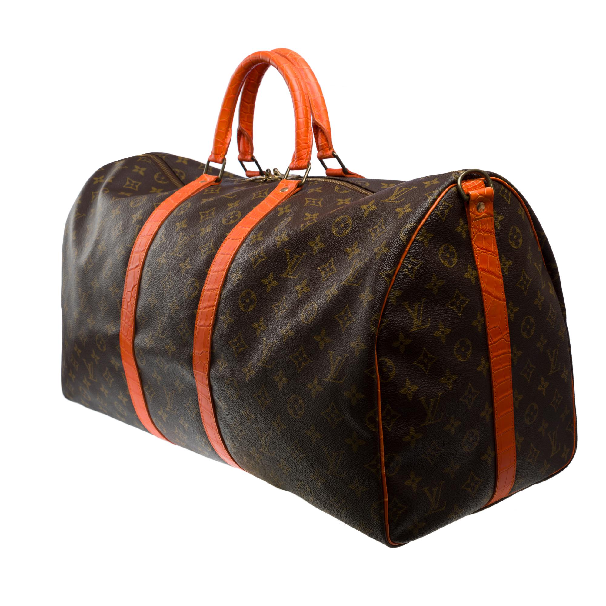 Women's or Men's Customized Louis Vuitton Keepall 55 strap Travel bag with Orange Crocodile