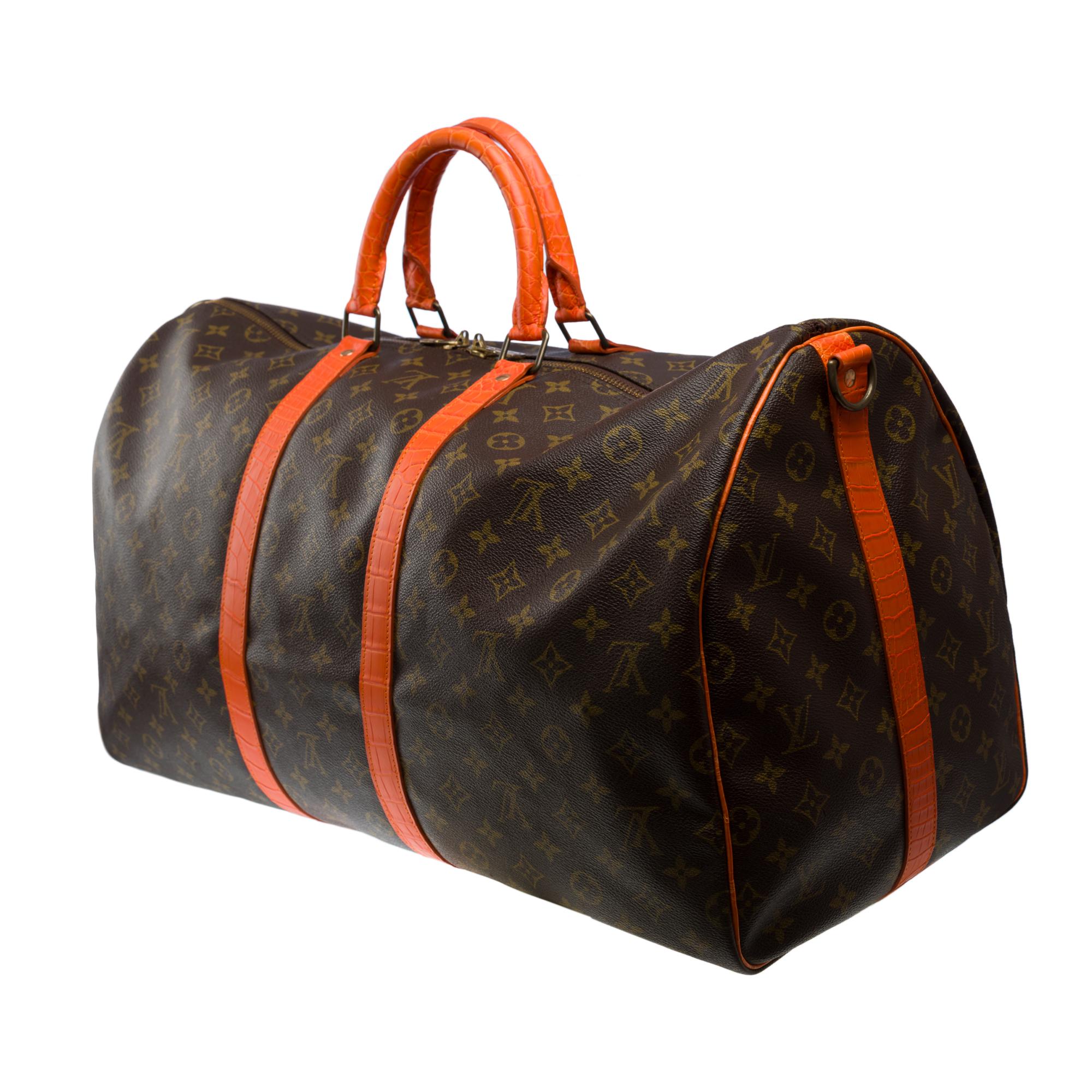 Customized Louis Vuitton Keepall 55 strap Travel bag with Orange Crocodile For Sale 1