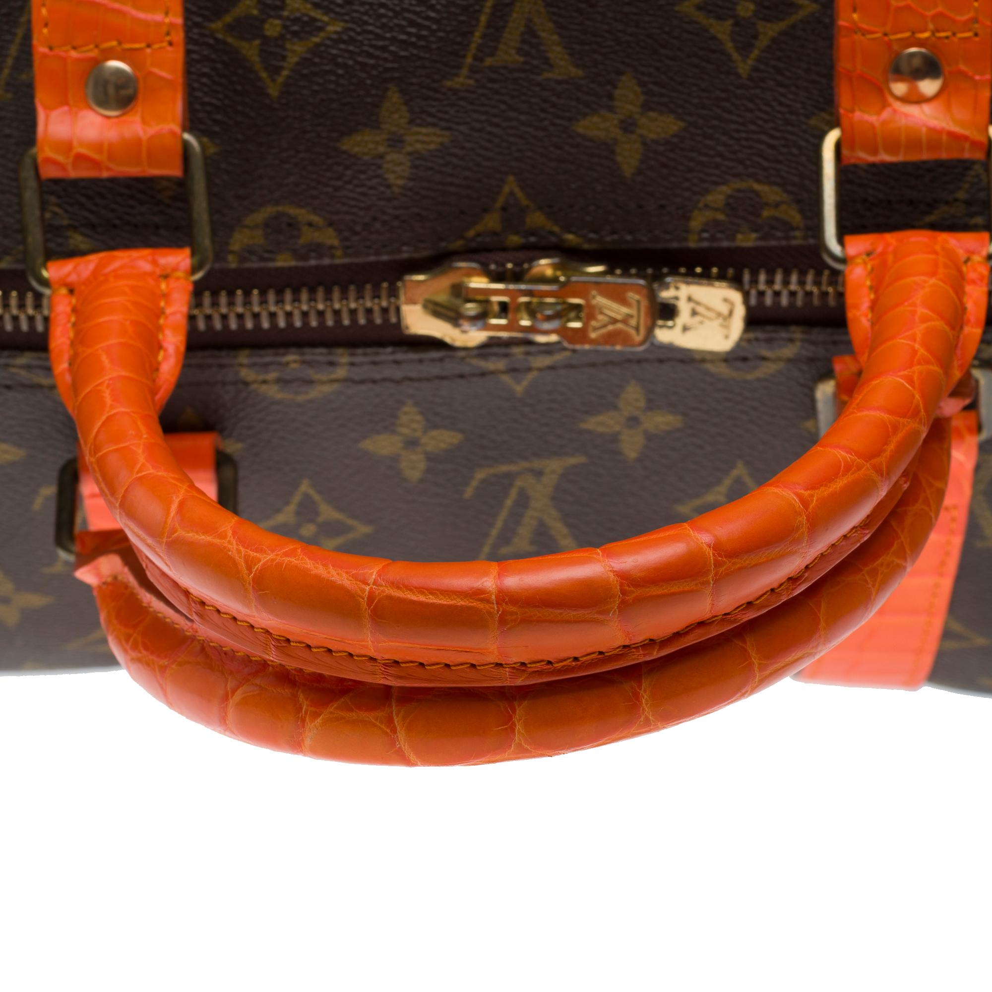 Customized Louis Vuitton Keepall 55 strap Travel bag with Orange Crocodile For Sale 3