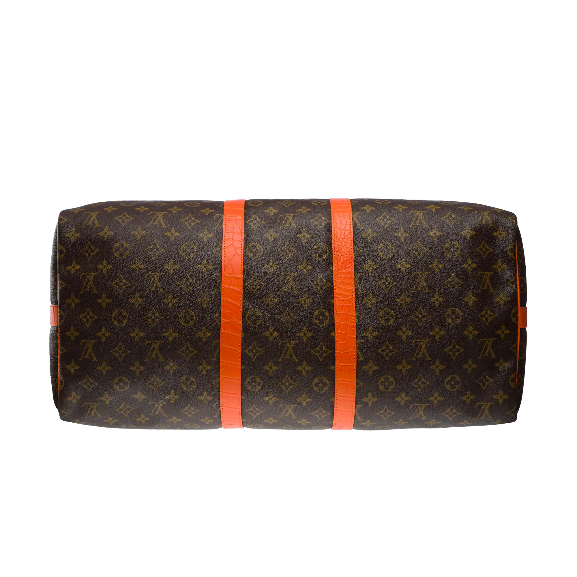Customized Louis Vuitton Keepall 55 strap Travel bag with Orange Crocodile For Sale 4