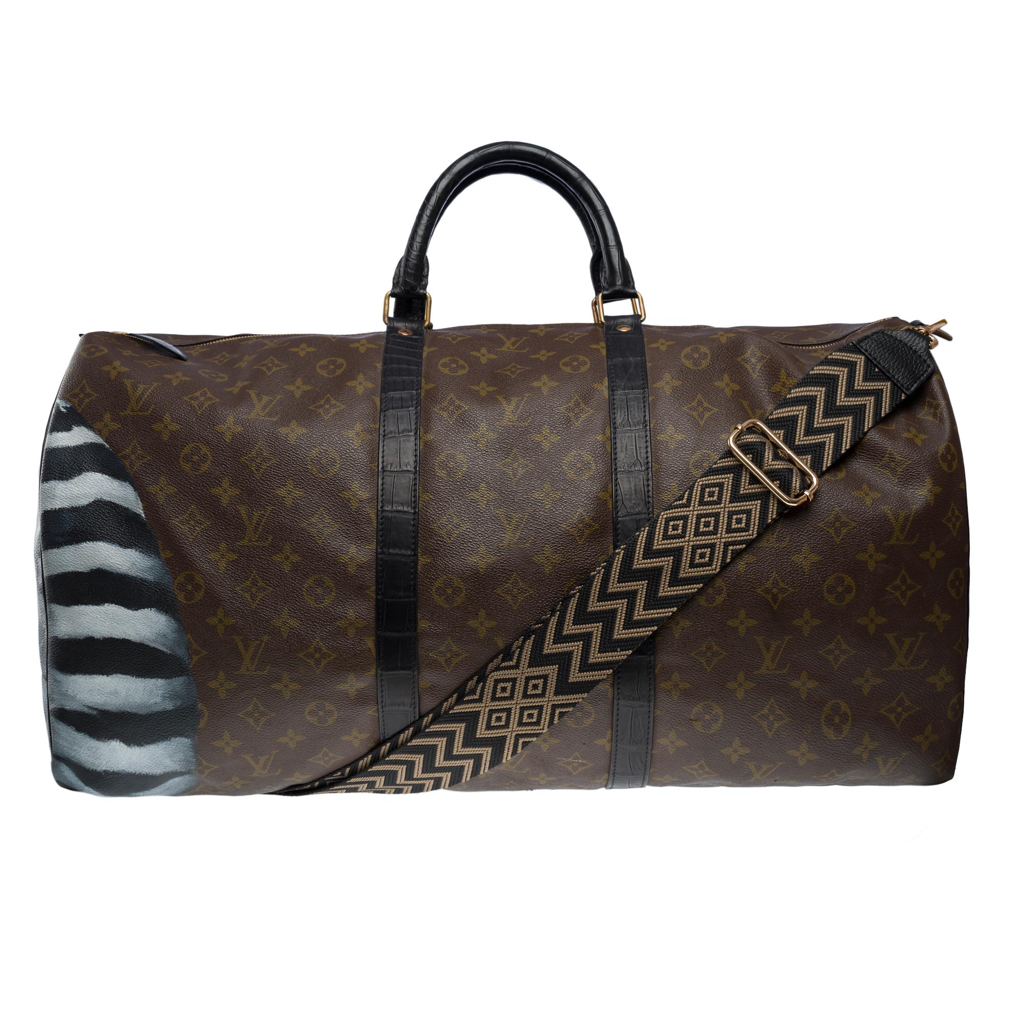 Customized Louis Vuitton Keepall 60 strap Travel bag with Black Crocodile In Good Condition For Sale In Paris, IDF