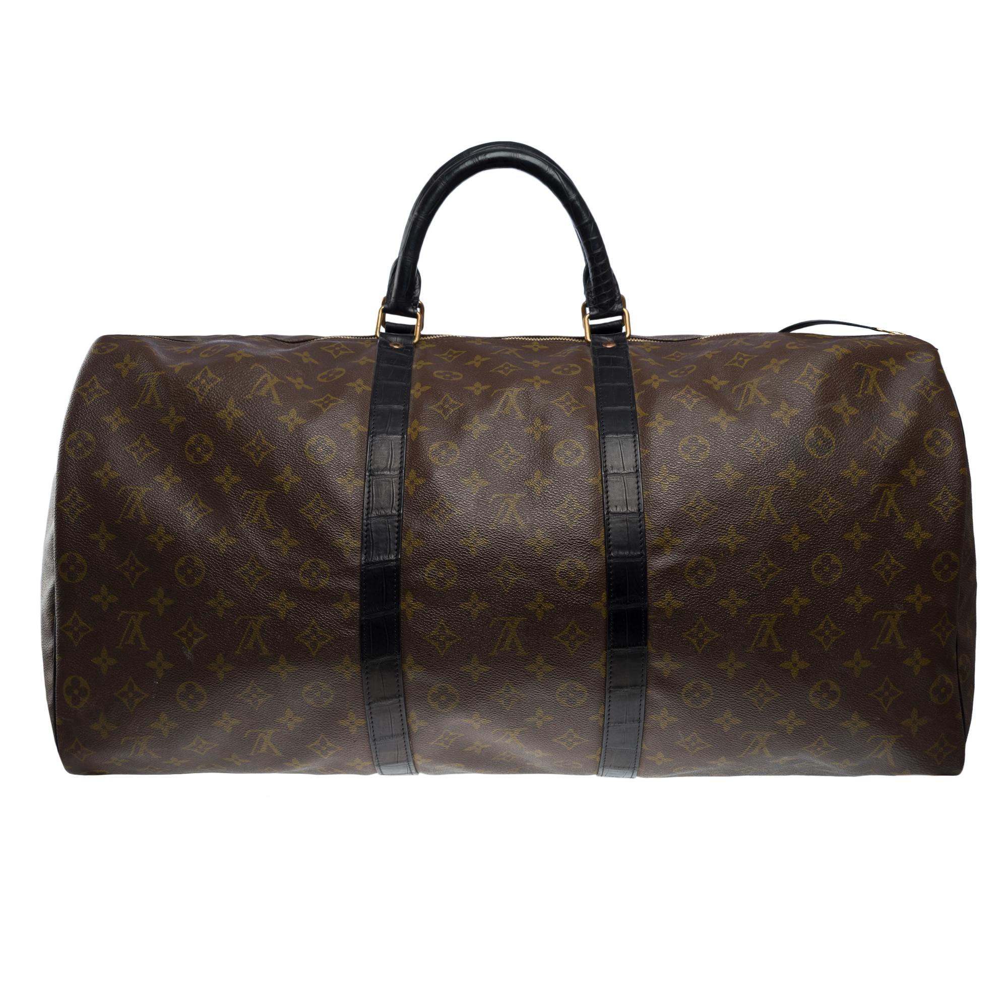 Maßgefertigte Louis Vuitton Keepall 60 Tragetasche mit schwarzem Krokodil und schwarzem Krokodil für Damen oder Herren im Angebot