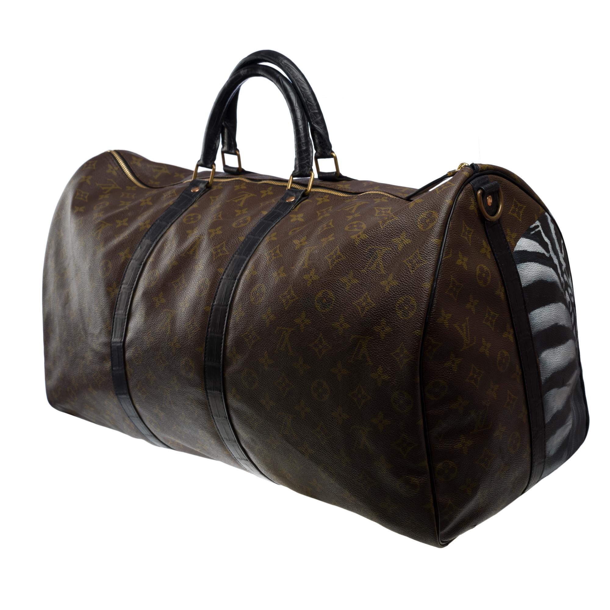 Customized Louis Vuitton Keepall 60 strap Travel bag with Black Crocodile For Sale 2