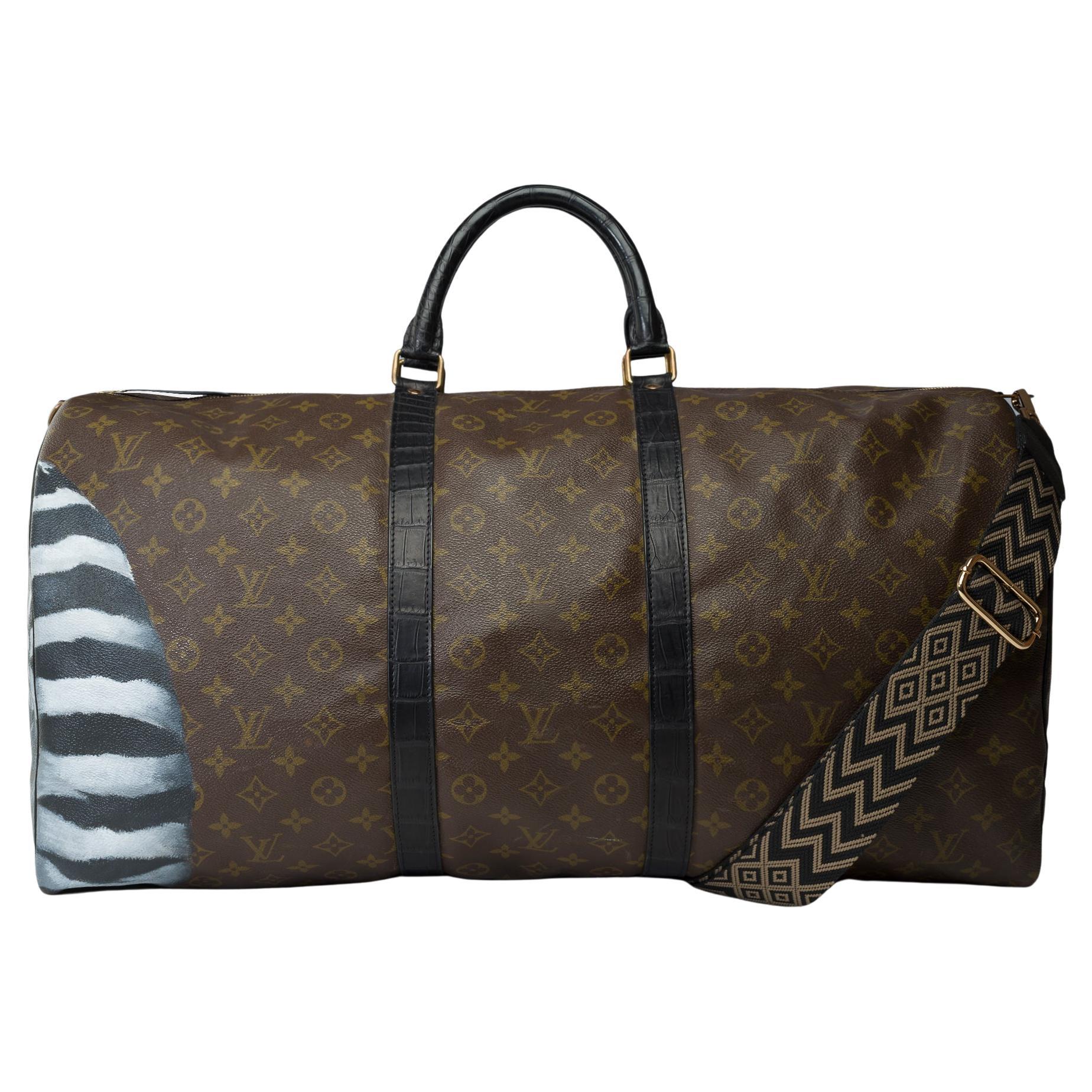 Customized Louis Vuitton Keepall 60 strap Travel bag with Black Crocodile For Sale
