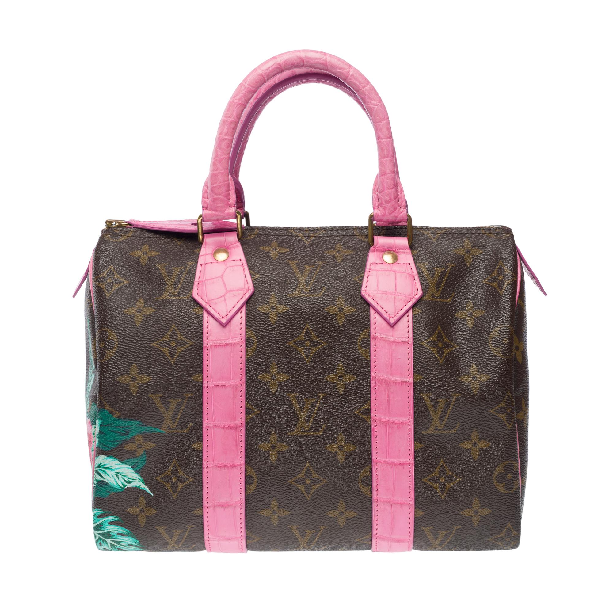 Customized Louis Vuitton Speedy 25 handbag Flowers with Pink Crocodile leather In Good Condition For Sale In Paris, IDF