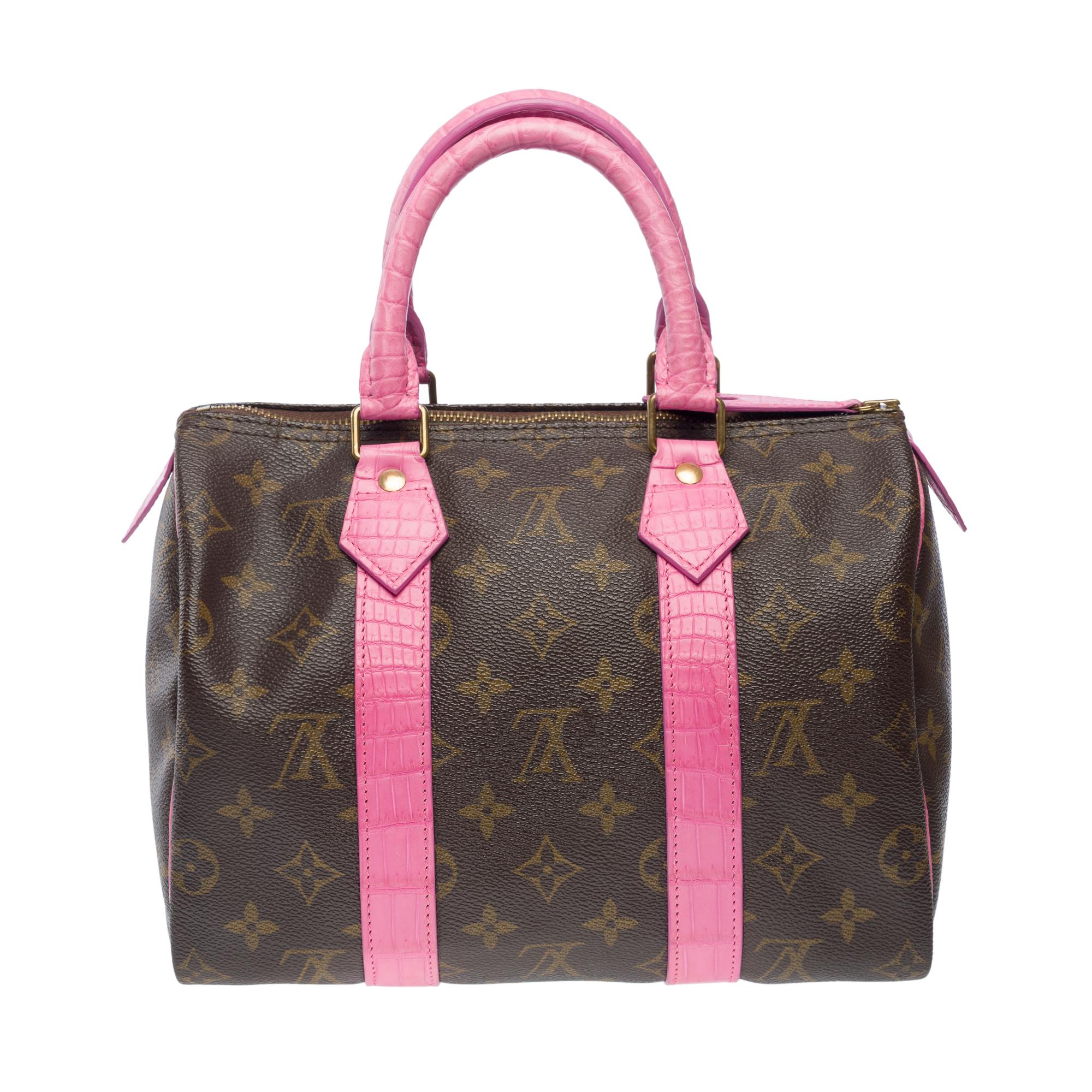 Maßgefertigte Louis Vuitton Speedy 25 Handtasche mit Blumen und rosa Krokodilleder für Damen oder Herren im Angebot