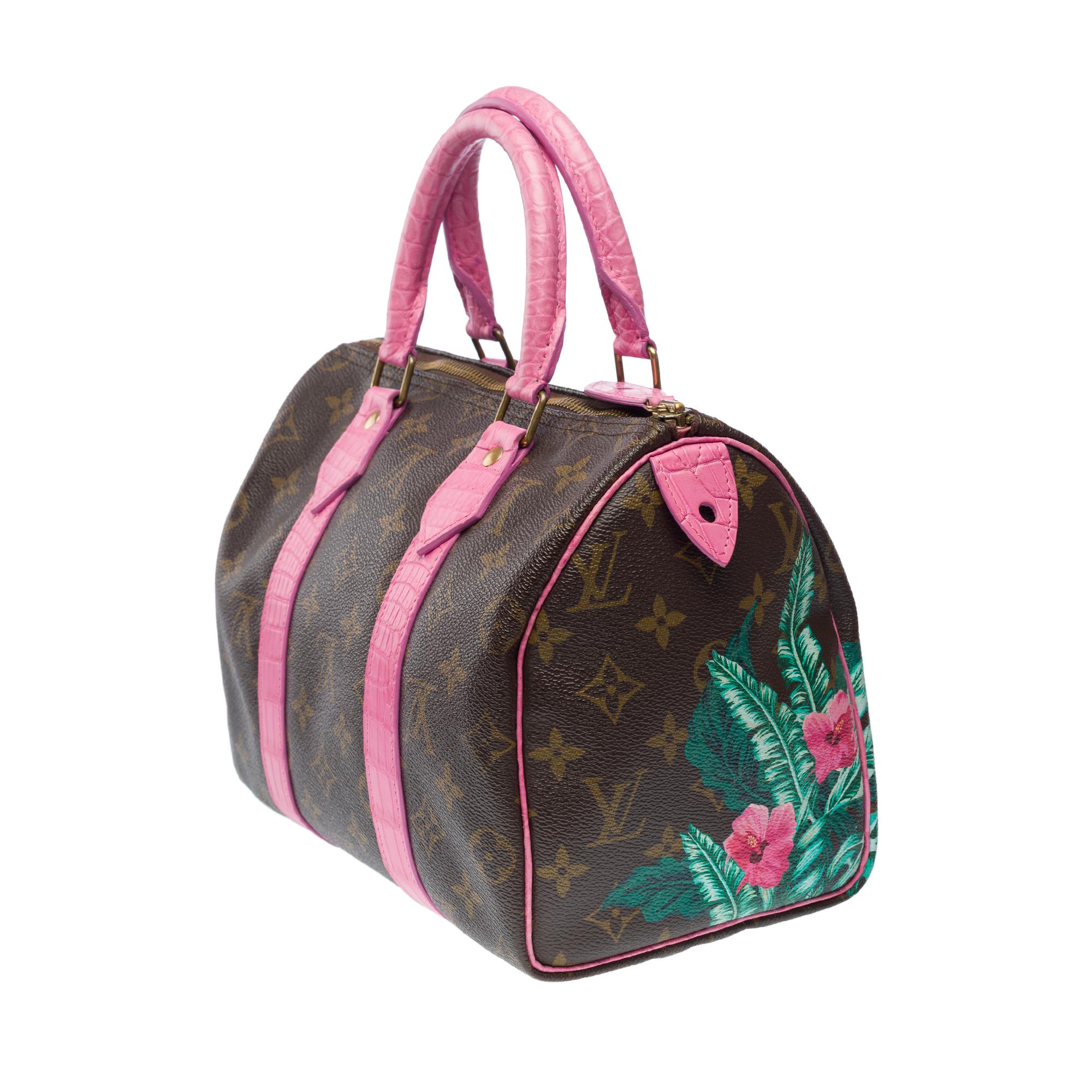 Maßgefertigte Louis Vuitton Speedy 25 Handtasche mit Blumen und rosa Krokodilleder im Angebot 1