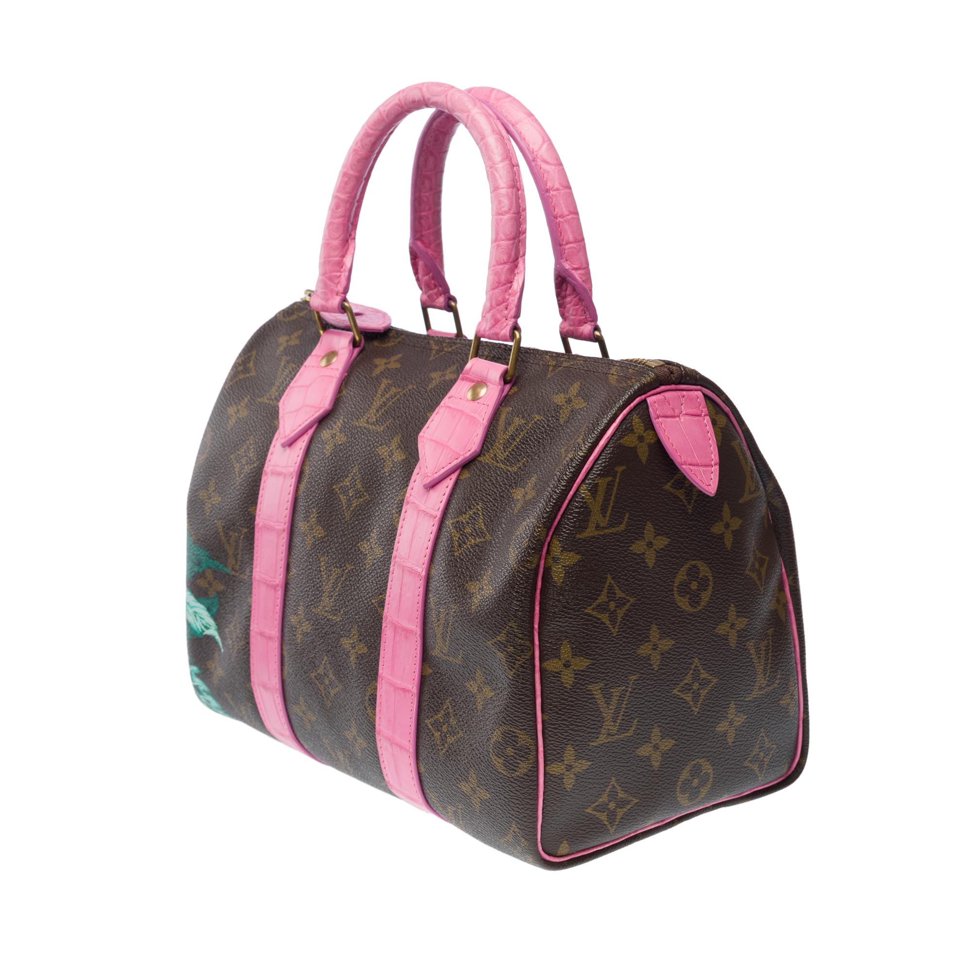 Maßgefertigte Louis Vuitton Speedy 25 Handtasche mit Blumen und rosa Krokodilleder im Angebot 2