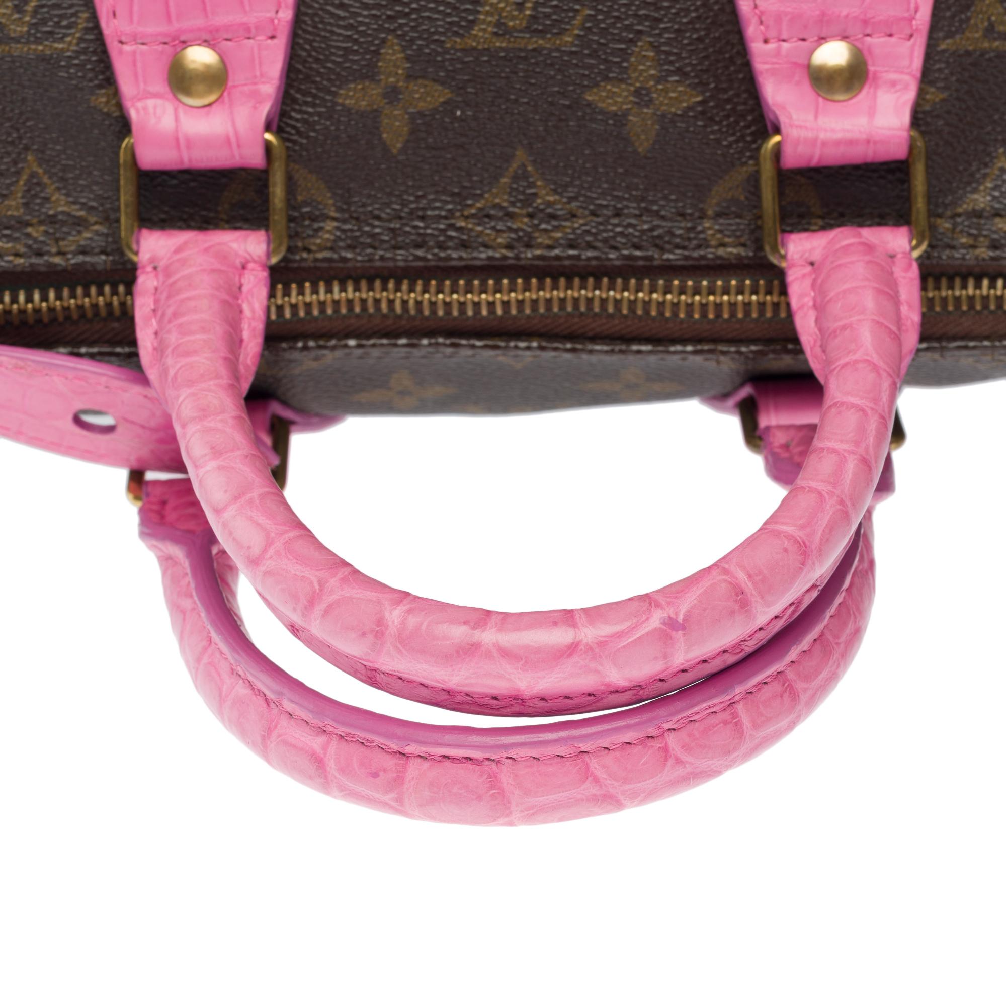 Maßgefertigte Louis Vuitton Speedy 25 Handtasche mit Blumen und rosa Krokodilleder im Angebot 4