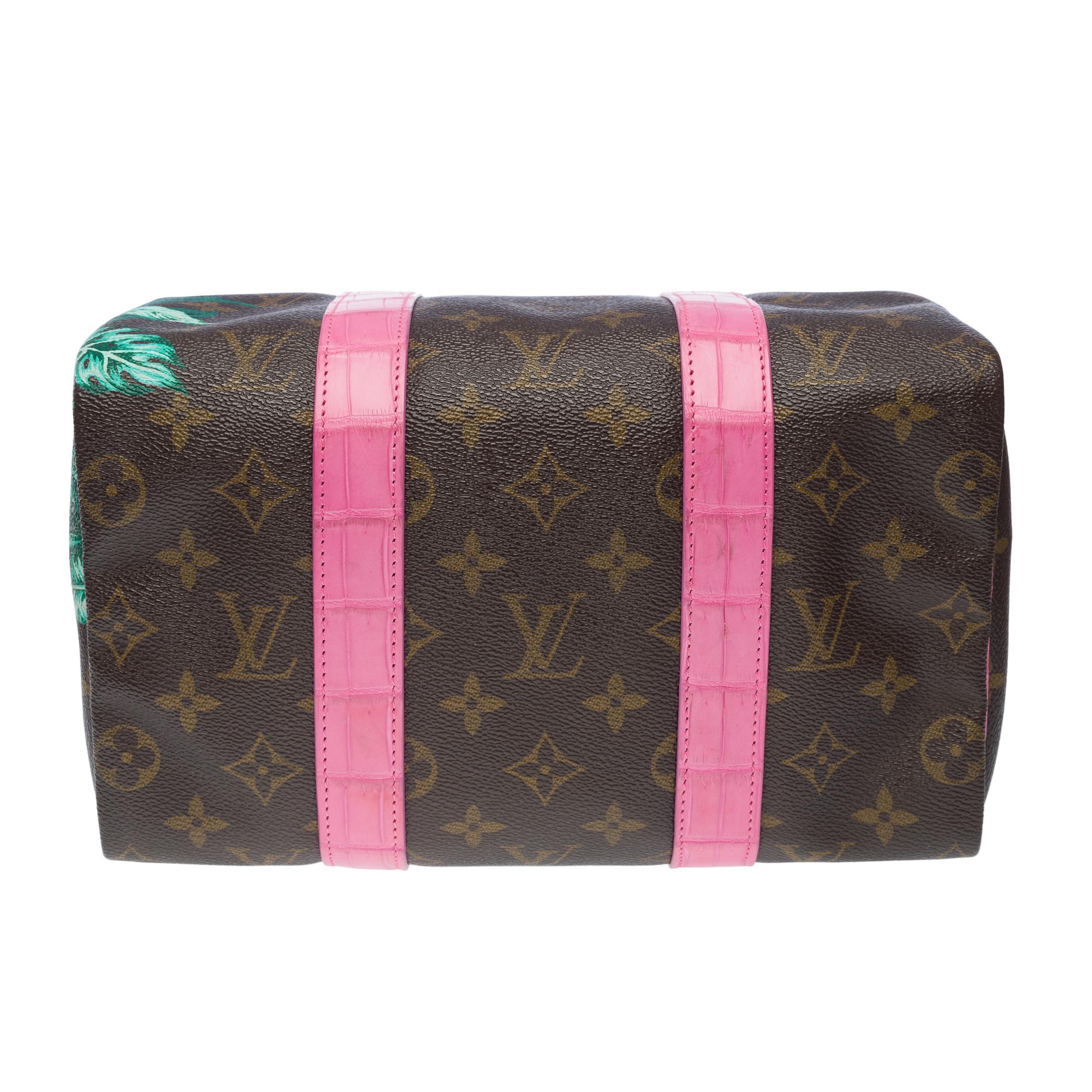 Maßgefertigte Louis Vuitton Speedy 25 Handtasche mit Blumen und rosa Krokodilleder im Angebot 5