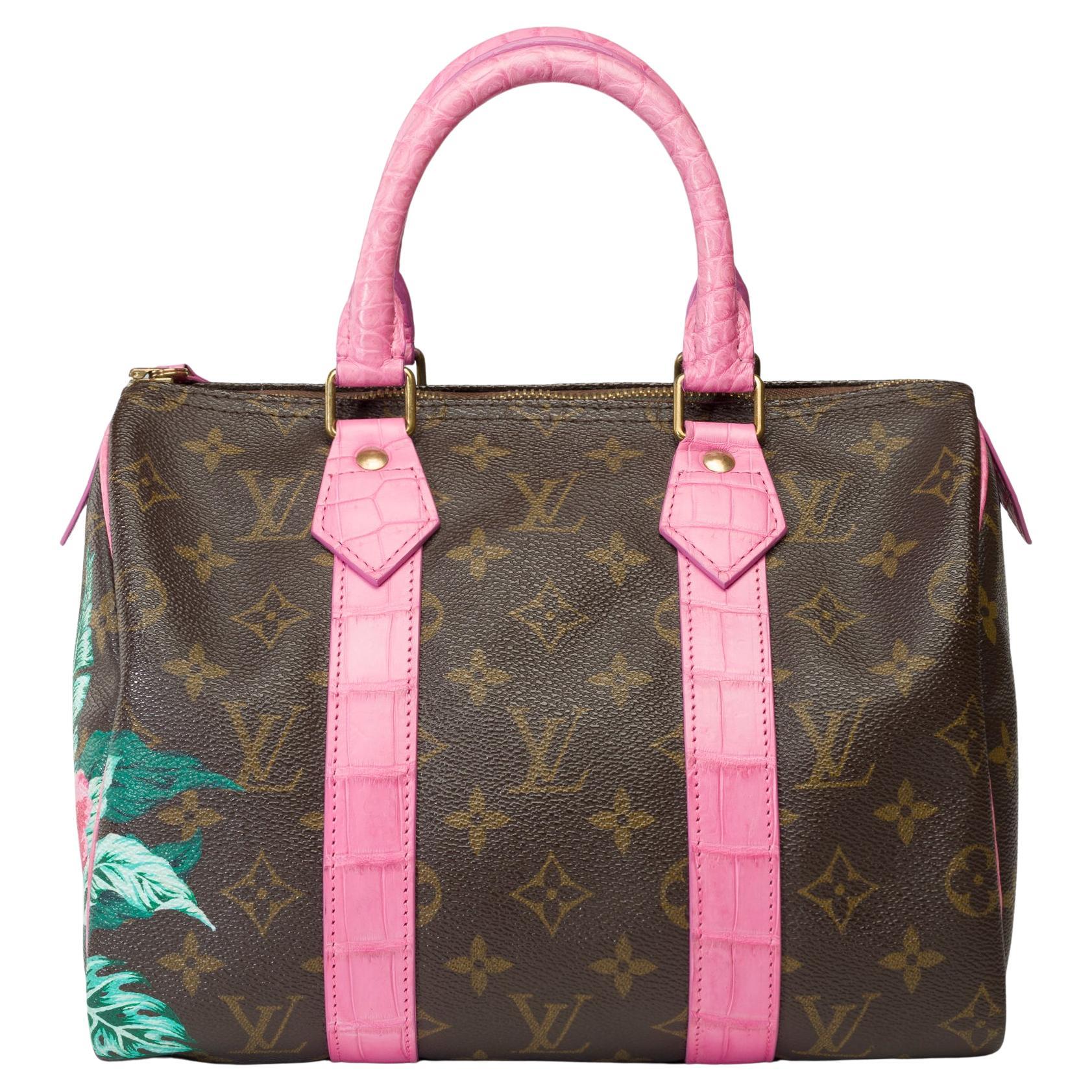 Maßgefertigte Louis Vuitton Speedy 25 Handtasche mit Blumen und rosa Krokodilleder im Angebot