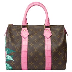 Used Customized Louis Vuitton Speedy 25 handbag Flowers with Pink Crocodile leather