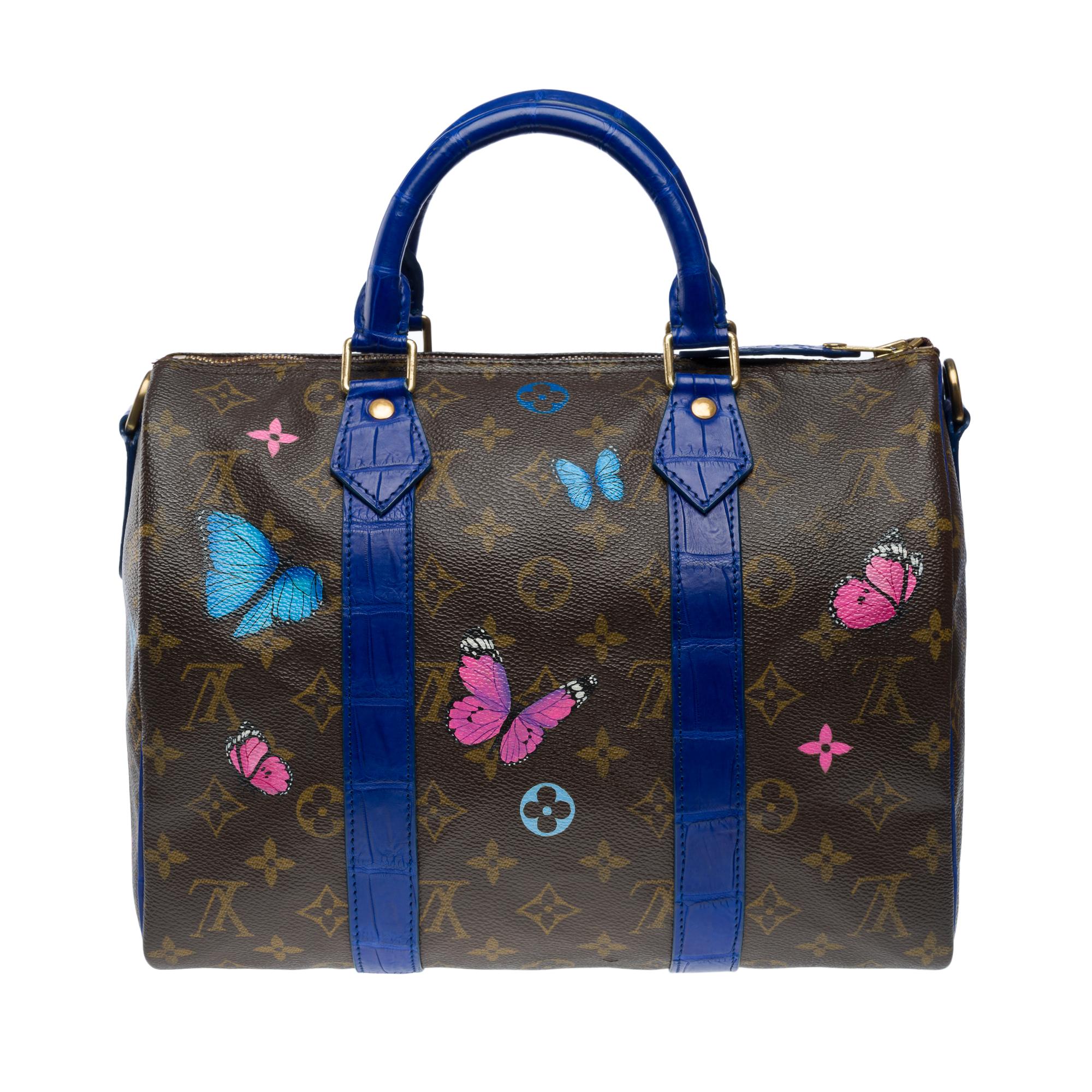 Customized Louis Vuitton Speedy 30 handbag Butterfly with Blue Crocodile leather In Good Condition For Sale In Paris, IDF