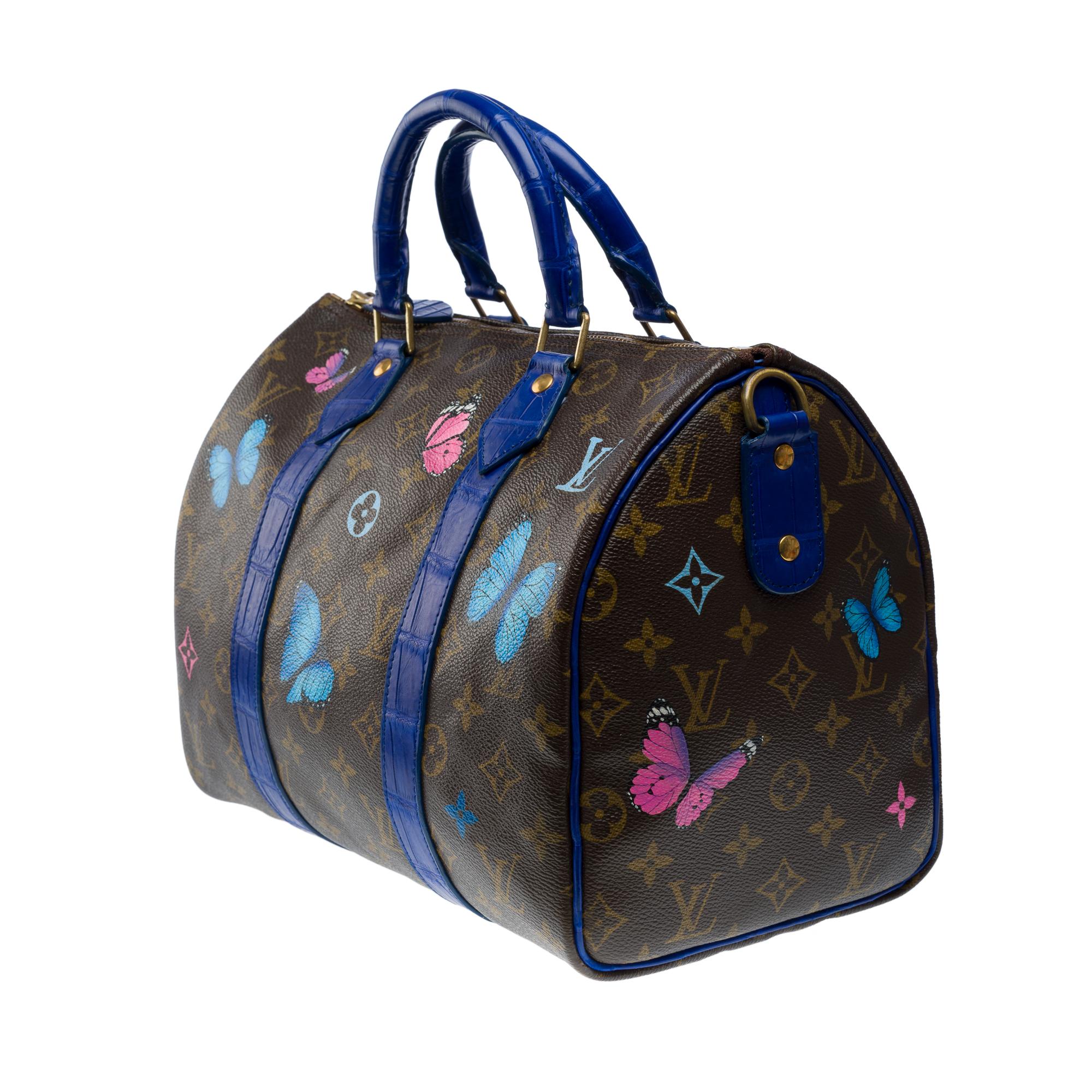 Women's or Men's Customized Louis Vuitton Speedy 30 handbag Butterfly with Blue Crocodile leather For Sale