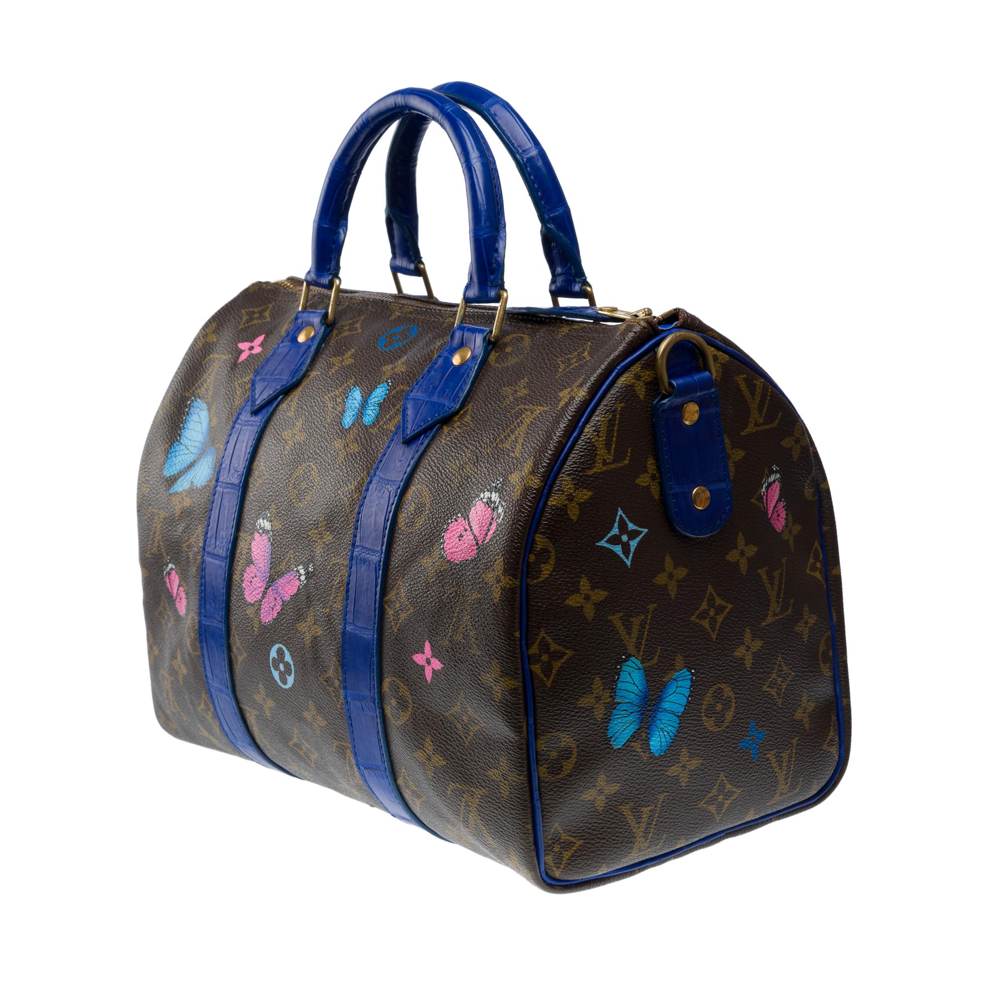 Customized Louis Vuitton Speedy 30 handbag Butterfly with Blue Crocodile leather For Sale 1