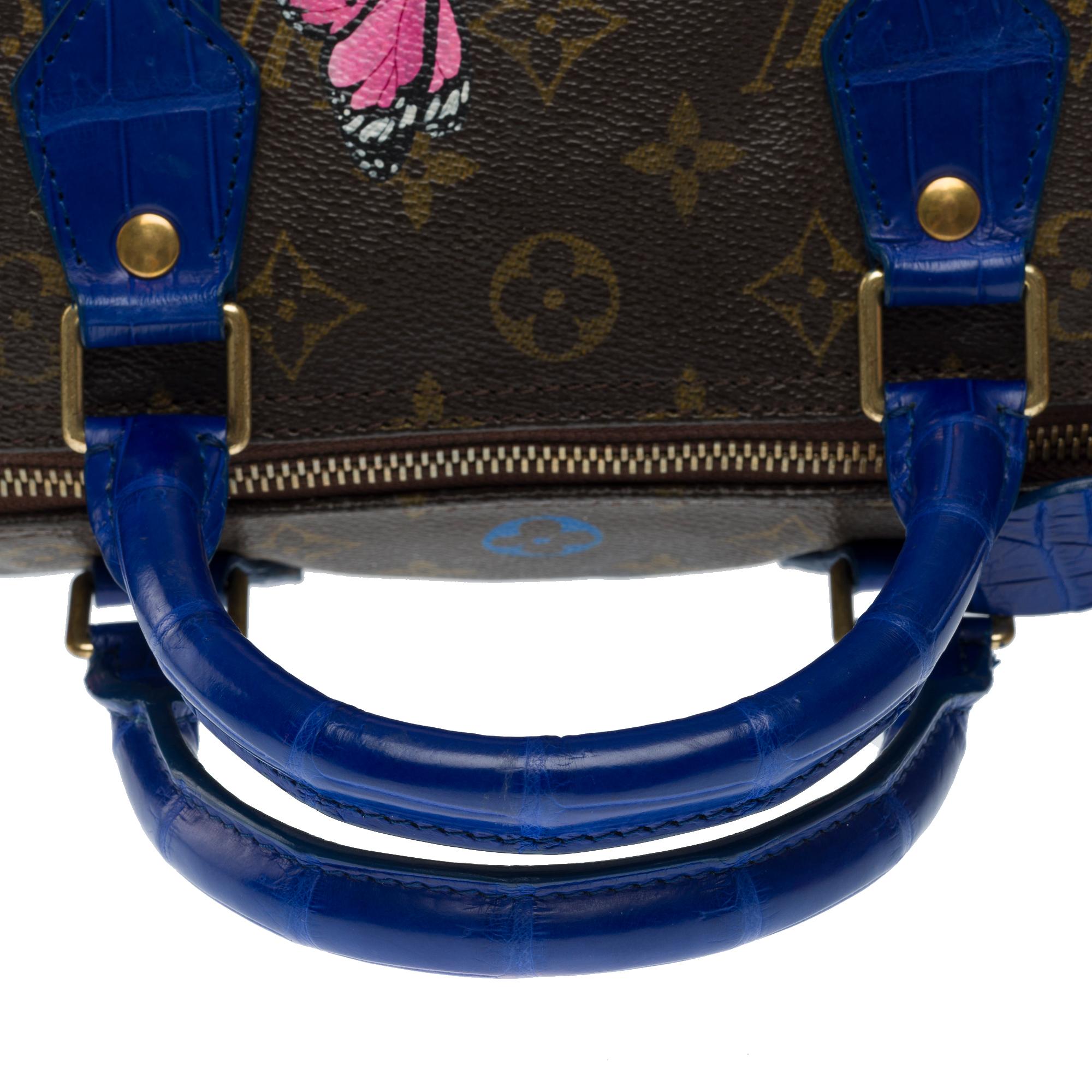 Customized Louis Vuitton Speedy 30 handbag Butterfly with Blue Crocodile leather For Sale 3