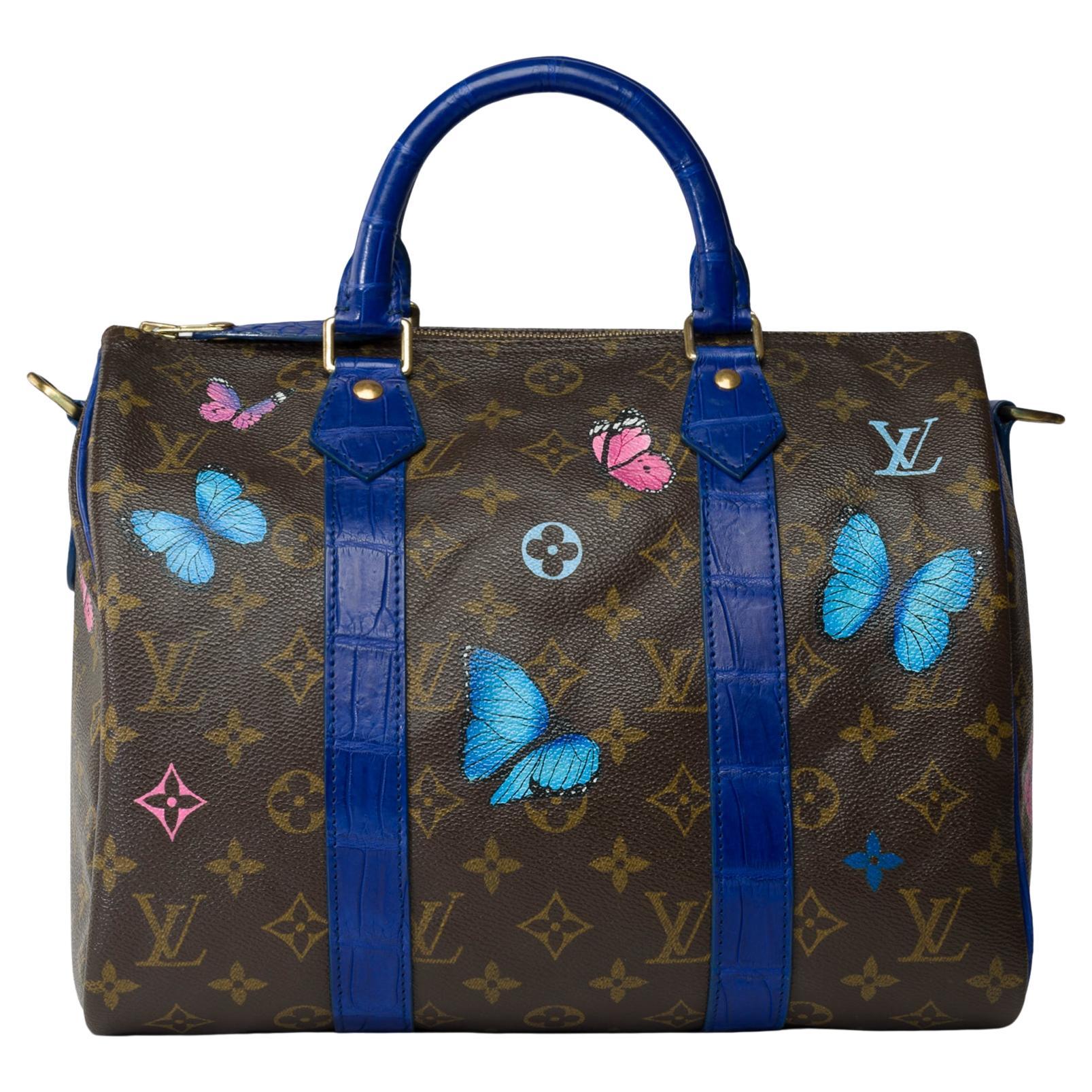 Customized Louis Vuitton Speedy 30 handbag Butterfly with Blue Crocodile leather For Sale