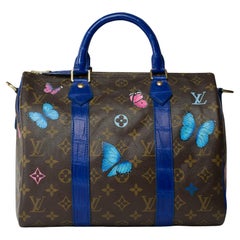 Used Customized Louis Vuitton Speedy 30 handbag Butterfly with Blue Crocodile leather