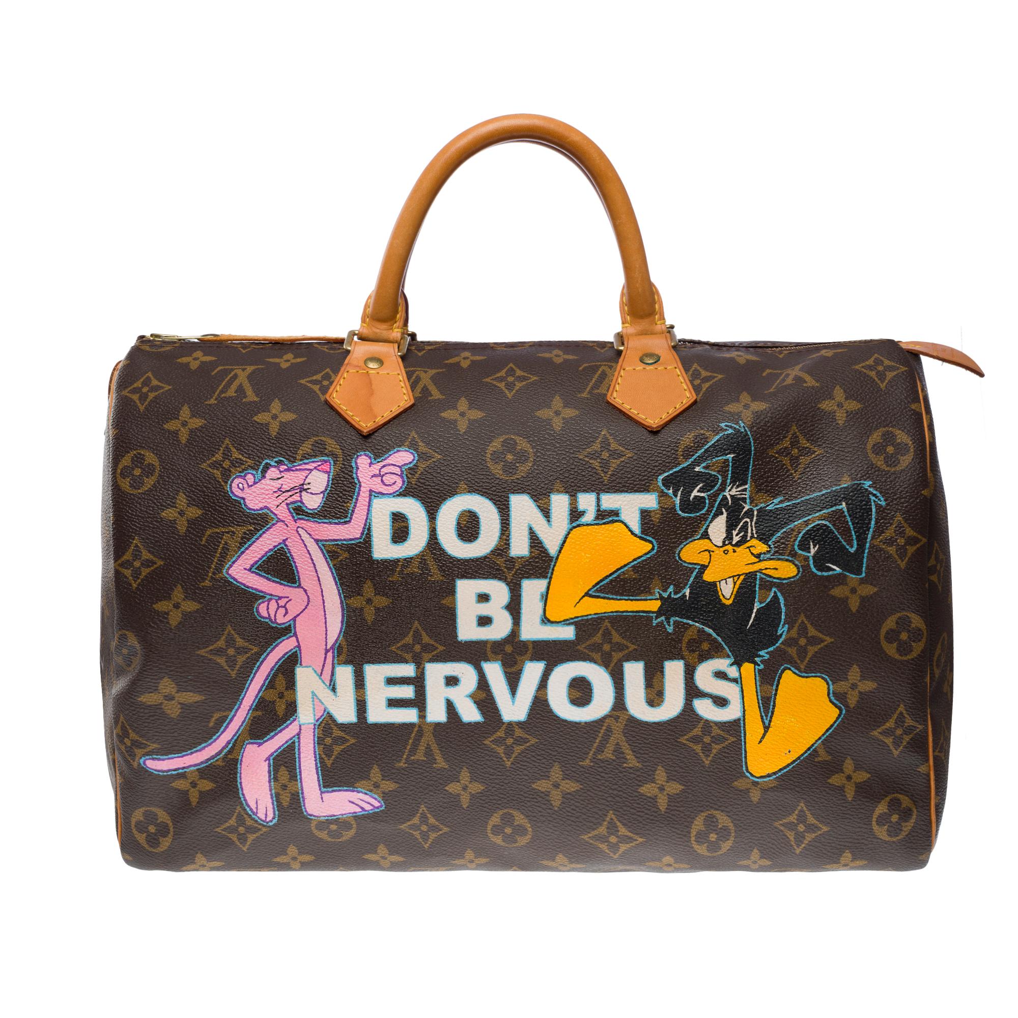 Louis Vuitton Speedy 35 handbag in brown Monogram canvas customized by the fashionable artist of Street Art PatBo with his work 