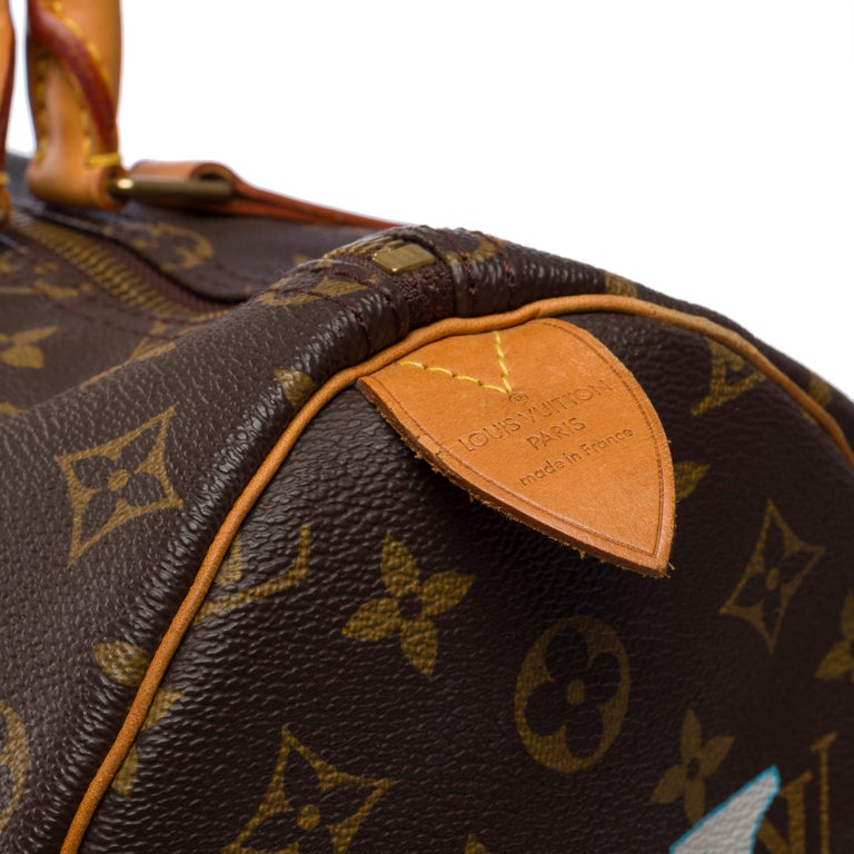 Customized Louis Vuitton Speedy 35 Wake Up ! Handbag in Brown Canvas, GHW