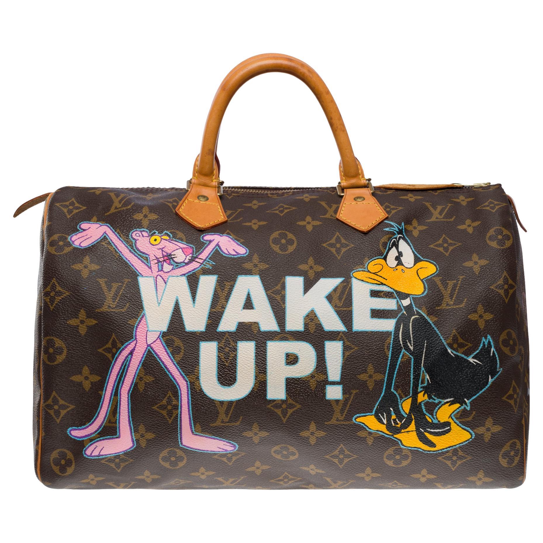 Customized Louis Vuitton Speedy 35 "Wake Up !" handbag in brown canvas, GHW For Sale