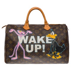 Customized Louis Vuitton Speedy 35 "Wake Up !" handbag in brown canvas, GHW