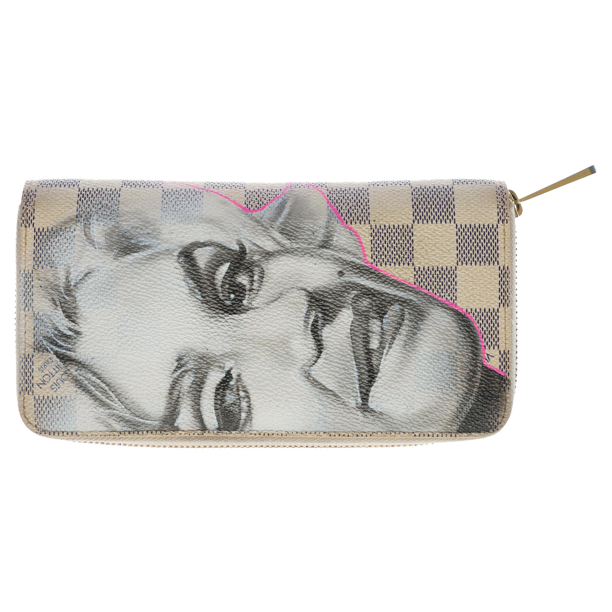 Customized "Marilyn Monroe" Louis Vuitton Zippy wallet in damier azur canvas