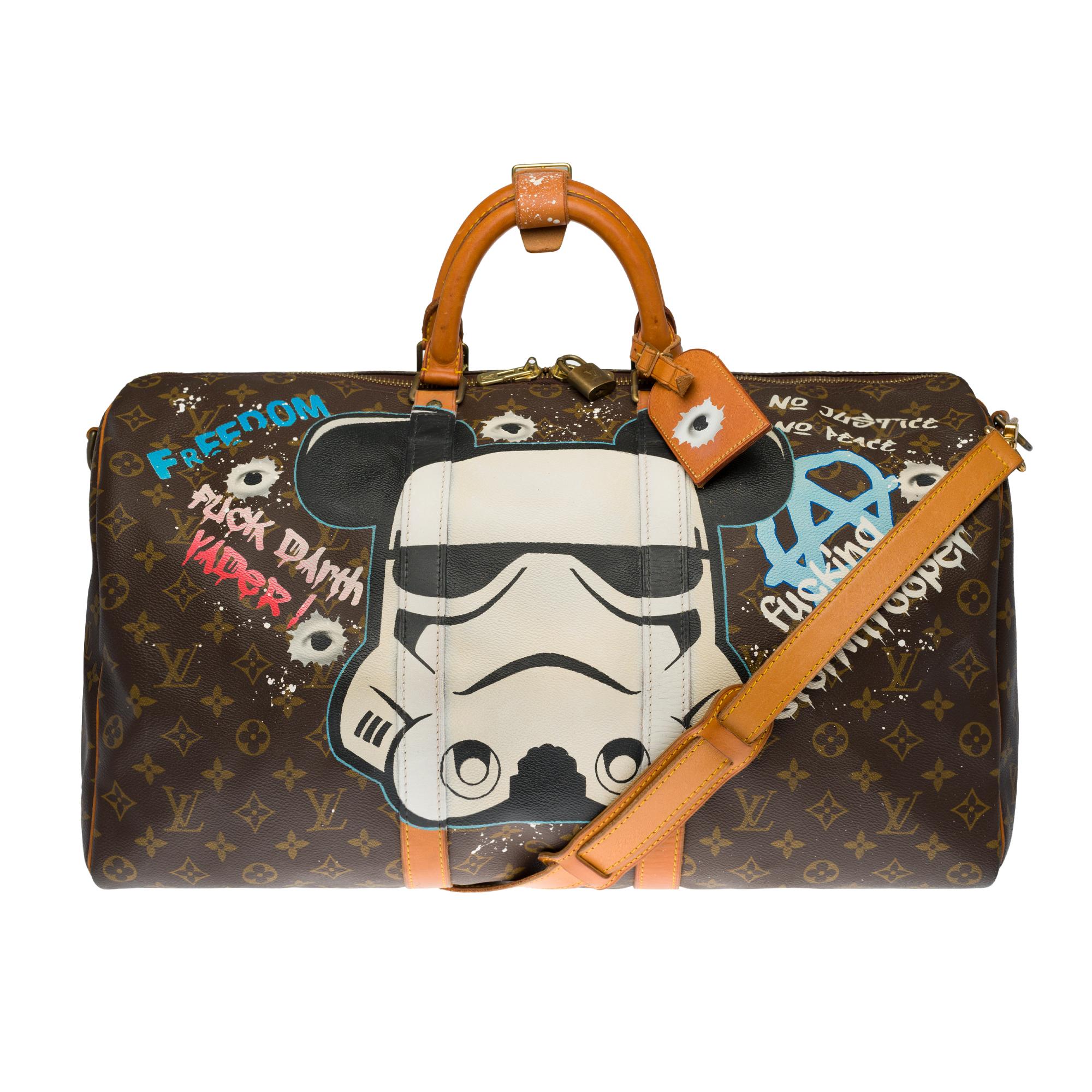Exceptional Louis Vuitton Keepall travel bag 50 cm with shoulder strap in brown monogram canvas and customized natural leather 