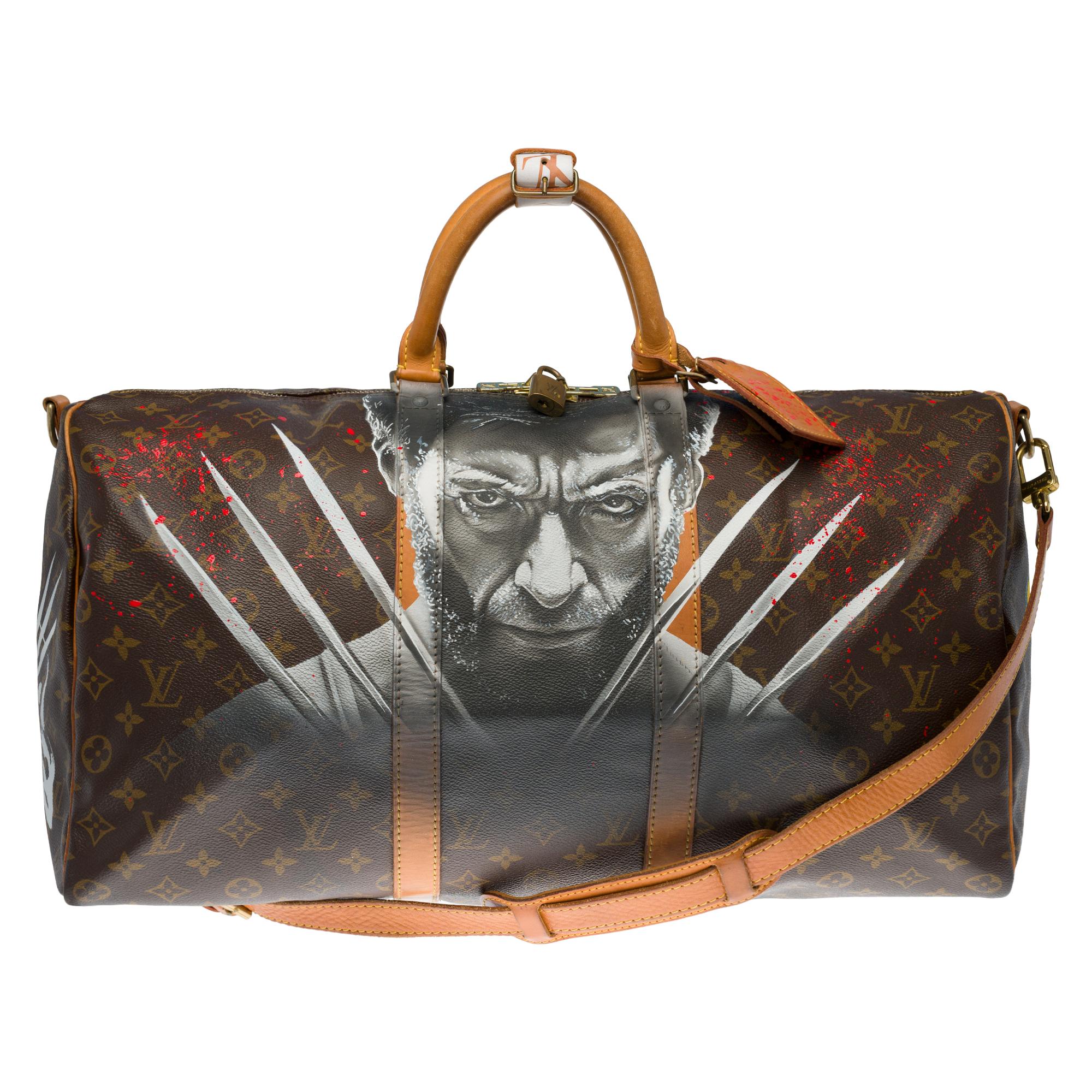 Exceptional Louis Vuitton Keepall travel bag 50 cm with shoulder strap in brown monogram canvas and customized natural leather 