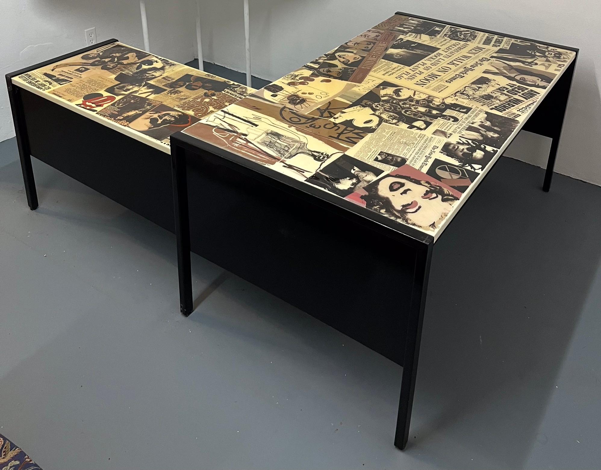 L-förmiger Schreibtisch aus der Jahrhundertmitte, entworfen von dem dänisch-amerikanischen Möbeldesigner Jens Risom. Teakholz mit einer unter der rechten Seite angebrachten Erweiterung.
Der französische Künstler Fabien Rocca hat ein einzigartiges