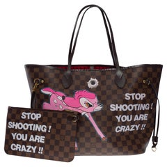 Customized "Minnie hunts Bambie" Neverfull MM Tote bag in brown canvas  & Pouch 