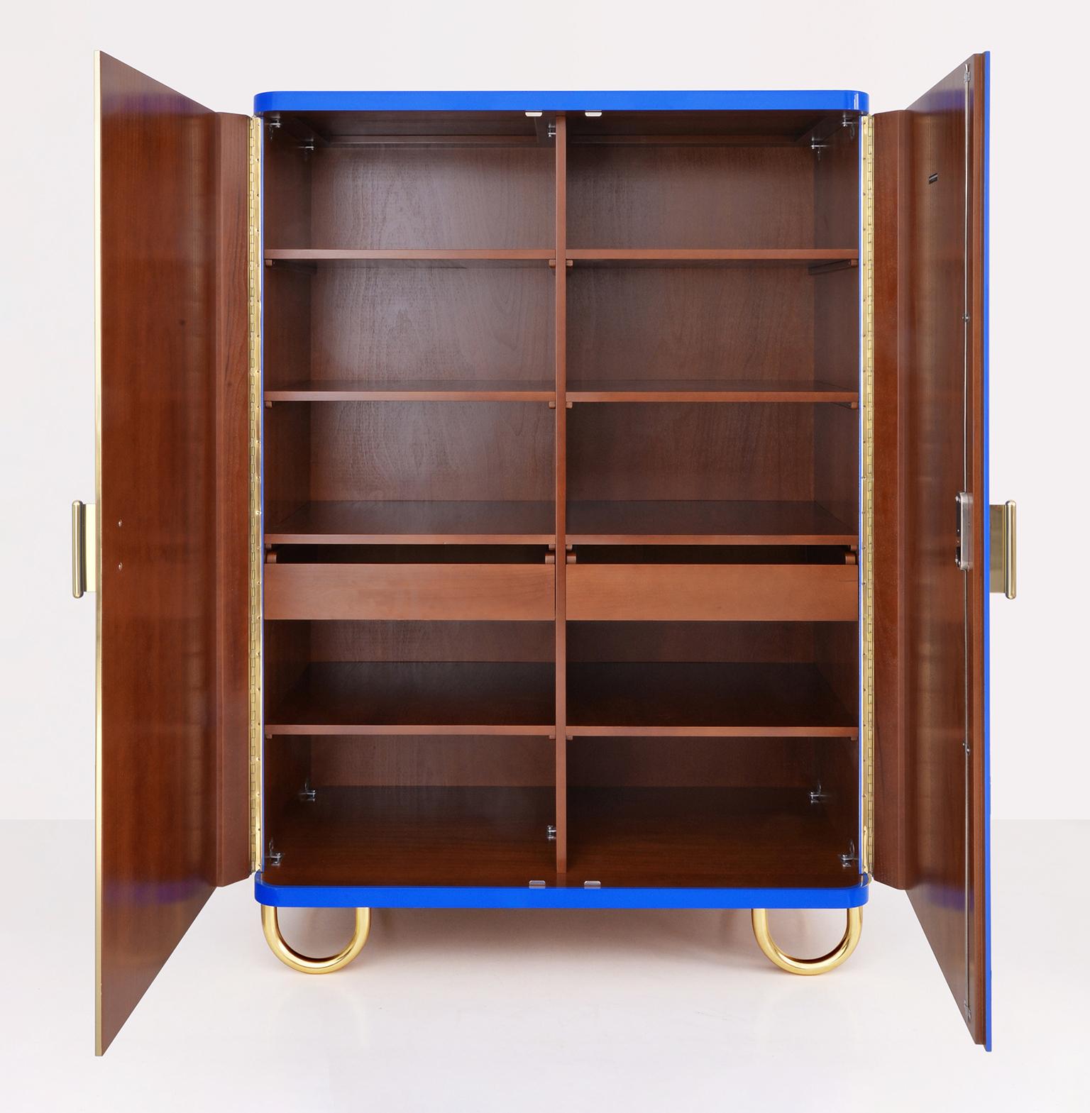 Plated Customized Modernist Cabinet in Glossy Lacquered Wood and Brass Hardware For Sale