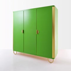 Customized Modernist Three-Door Wardrobe, Brass Hardware, Glossy Lacquered Wood