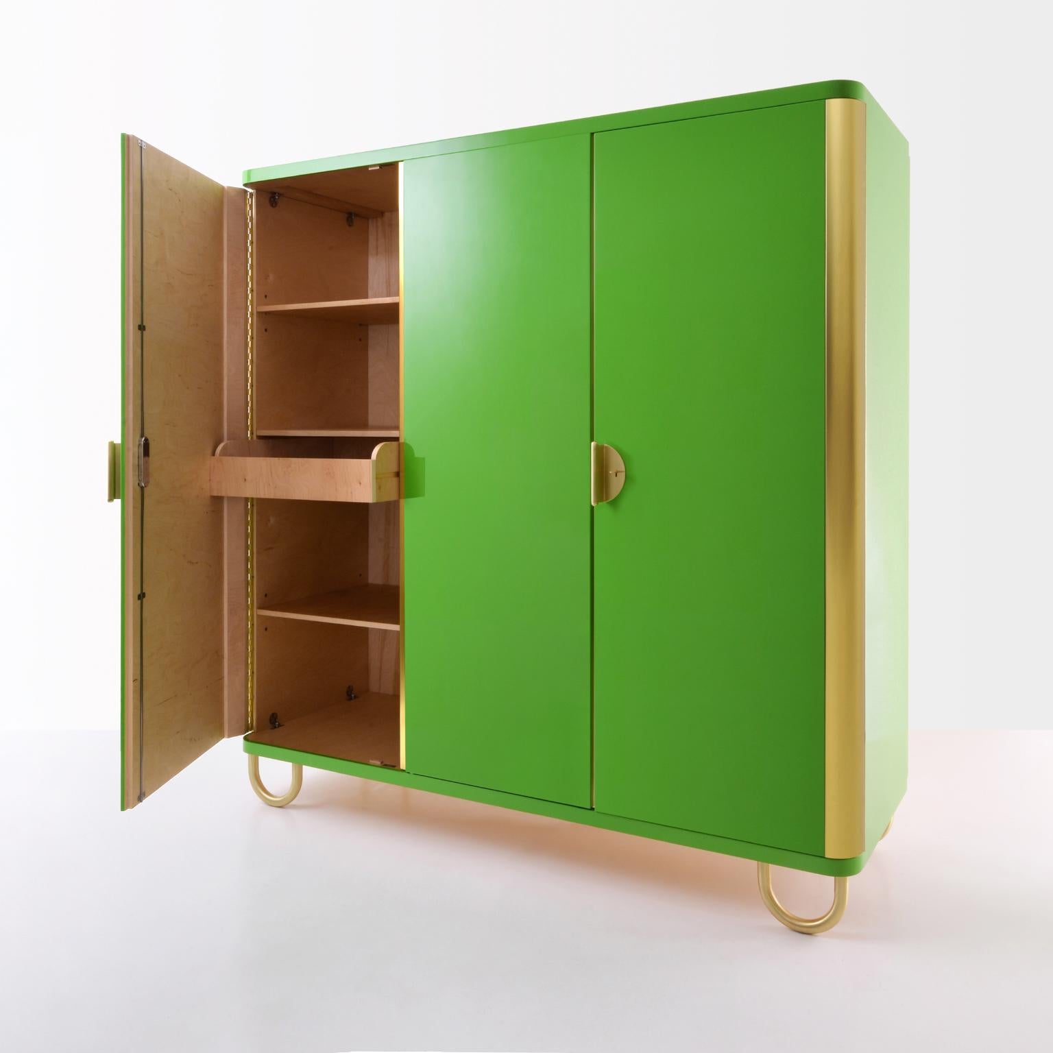 German Customized Modernist Three-Door Wardrobe, Brass Hardware, Glossy Lacquered Wood For Sale