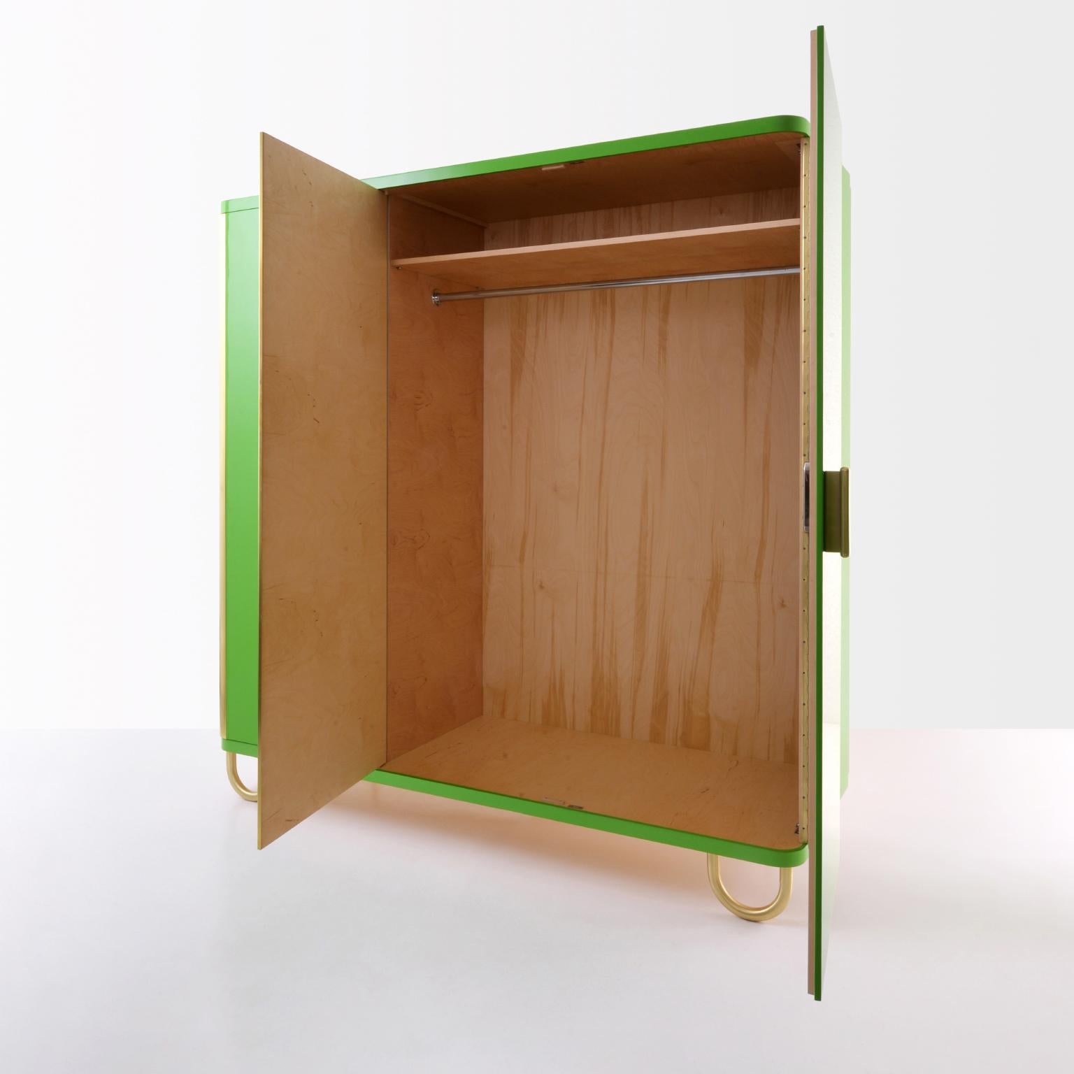 Plated Customized Modernist Three-Door Wardrobe, Brass Hardware, Glossy Lacquered Wood For Sale