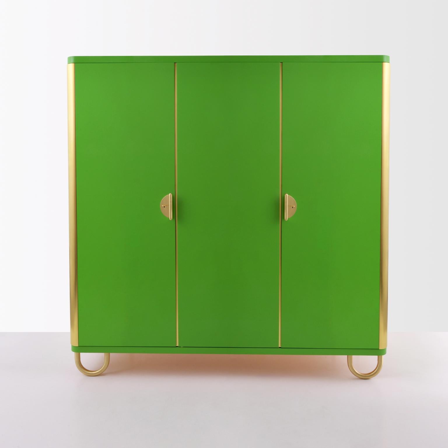 Customized Modernist Three-Door Wardrobe, Brass Hardware, Glossy Lacquered Wood In New Condition For Sale In Berlin, DE
