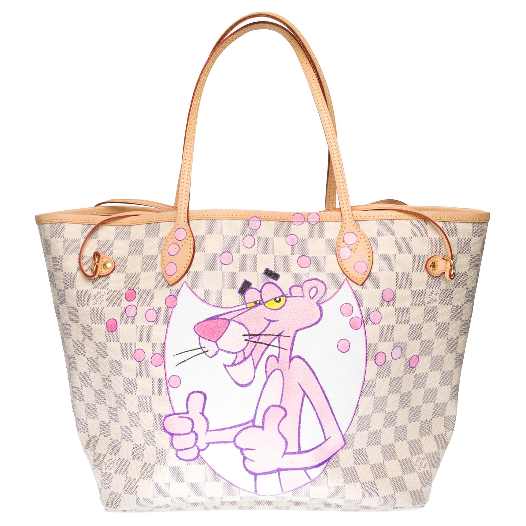 Customized Neverfull Tote Tasche "Pink Panther & Champagne Bubbles" in beige Leinwand