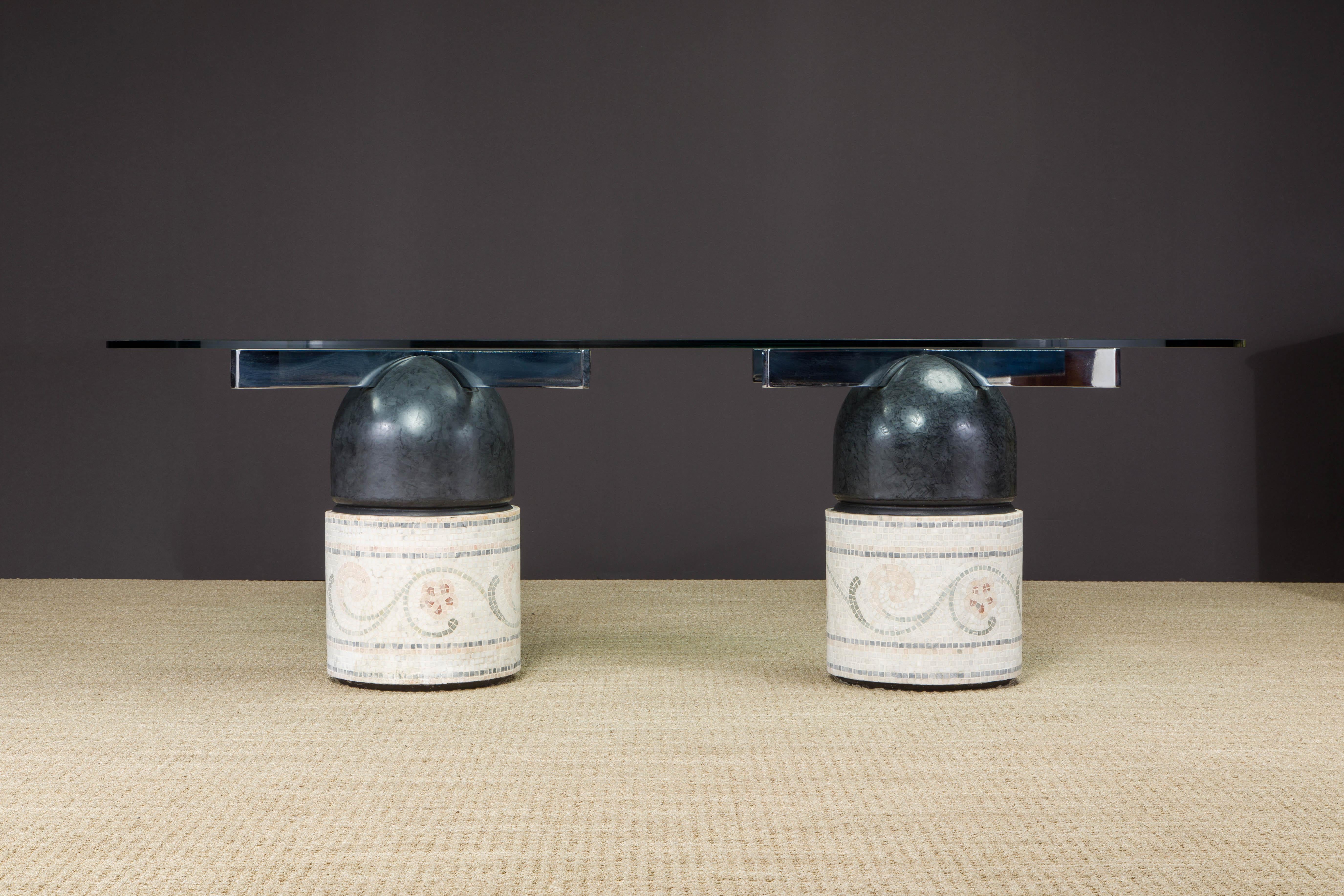 This pair of customized 'Paracarro' dining table bases are originally by Giovanni Offredi for Saporiti Italia which are sculpted from concrete and chromed steel during the 1970s in Italy. Sometime later, these bases were customized with mosaic tiles