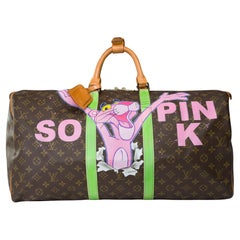 Customized "Pink is so cute" Louis Vuitton Keepall 55 Travel bag in brown canvas
