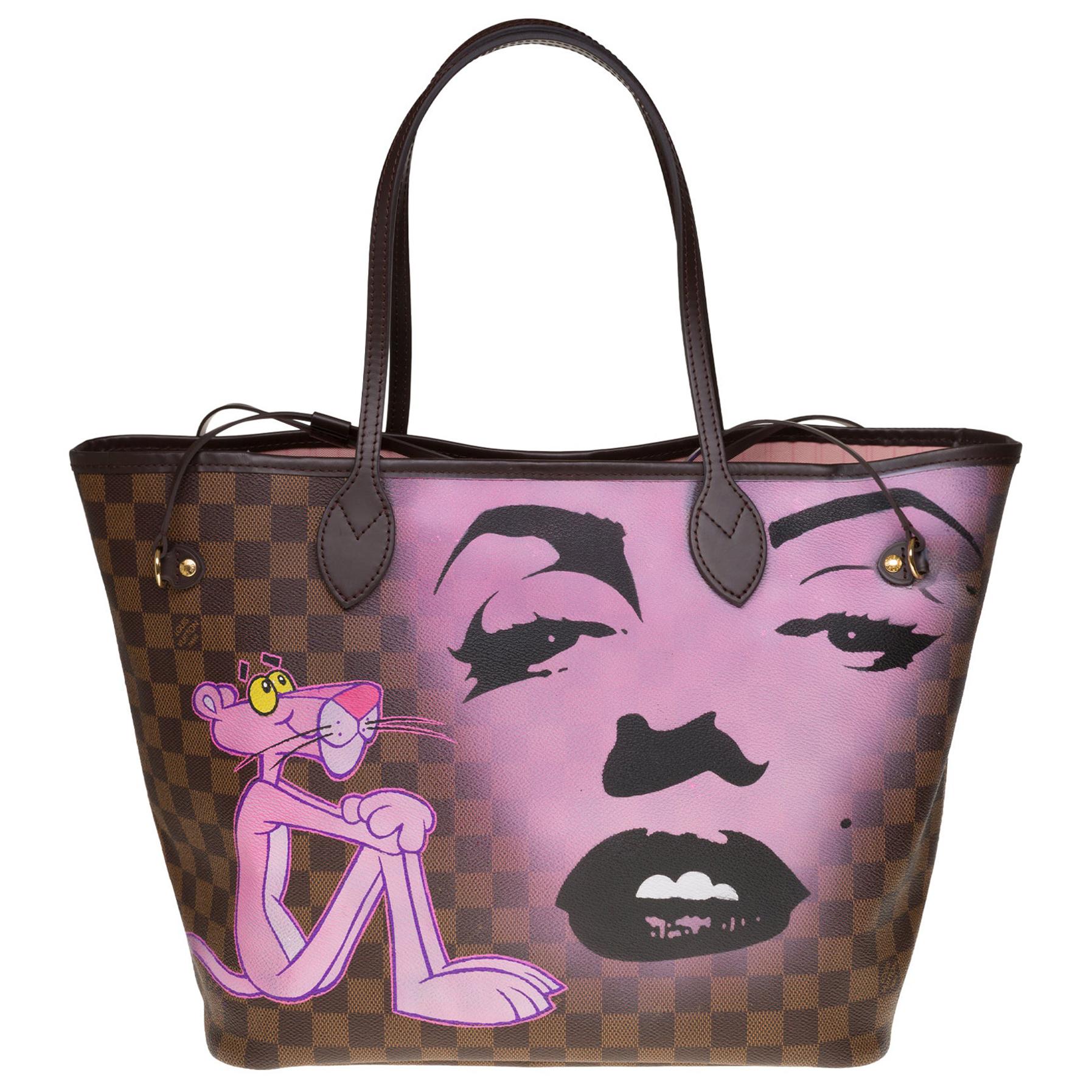Customized "Pink Panther in love with Marilyn"Neverfull MM Tote in brown canvas 