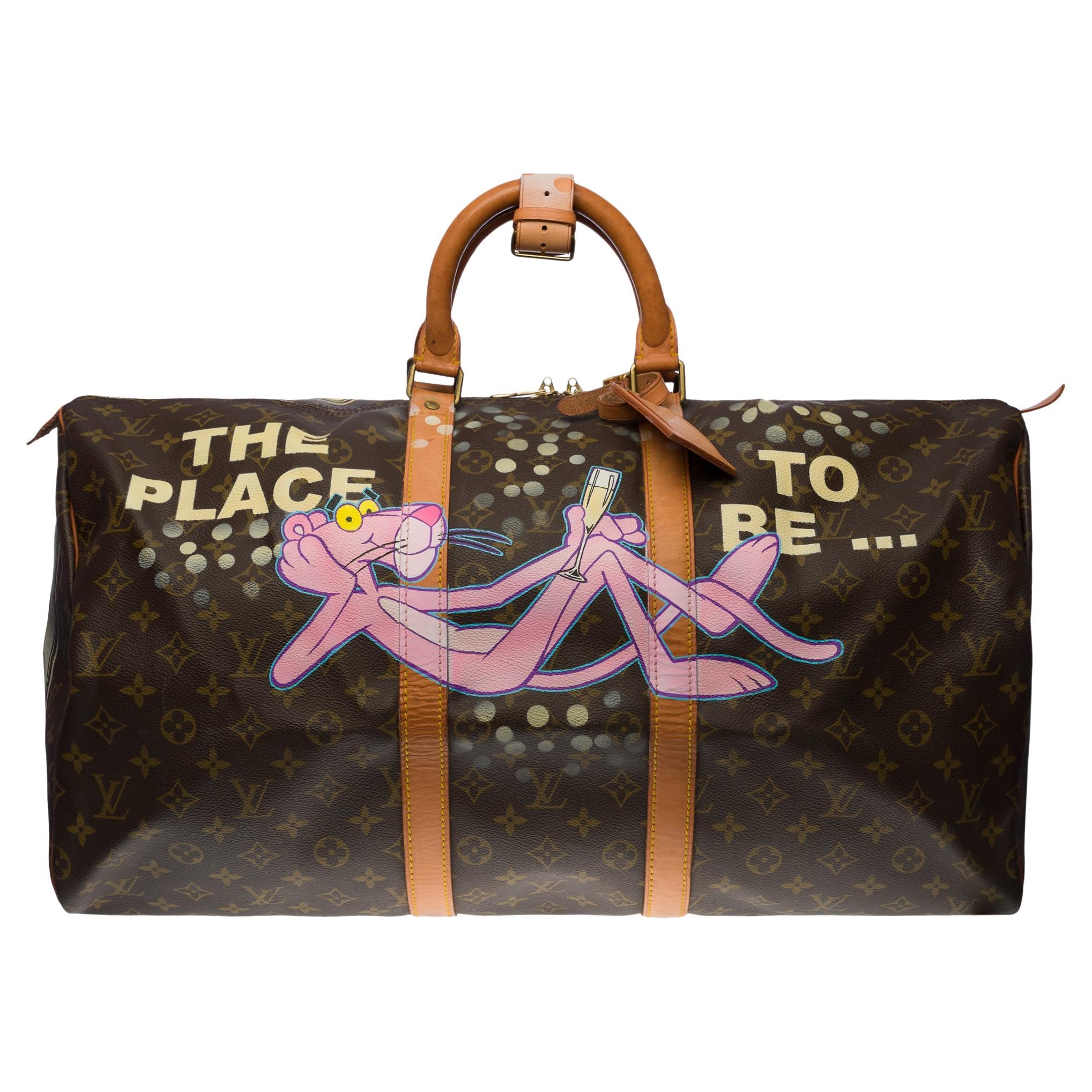 Customized "Pink Panther loves Bubbles" Louis Vuitton Keepall 55 travel bag 