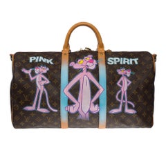 Customized "Pink Panther Spirit" Louis Vuitton Keepall 50 strap Travel bag