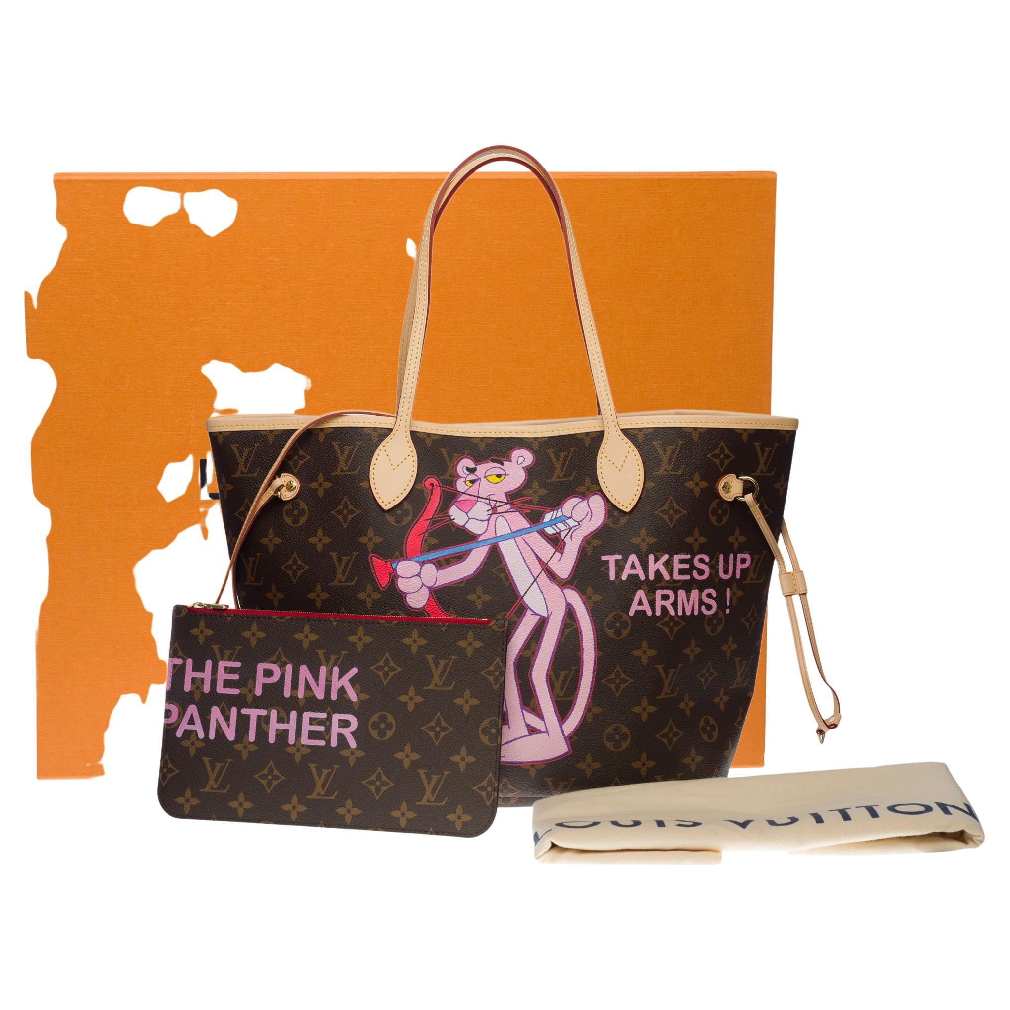 Customized "Pink panther, takes up arms" Neverfull MM Tote bag in brown canvas 