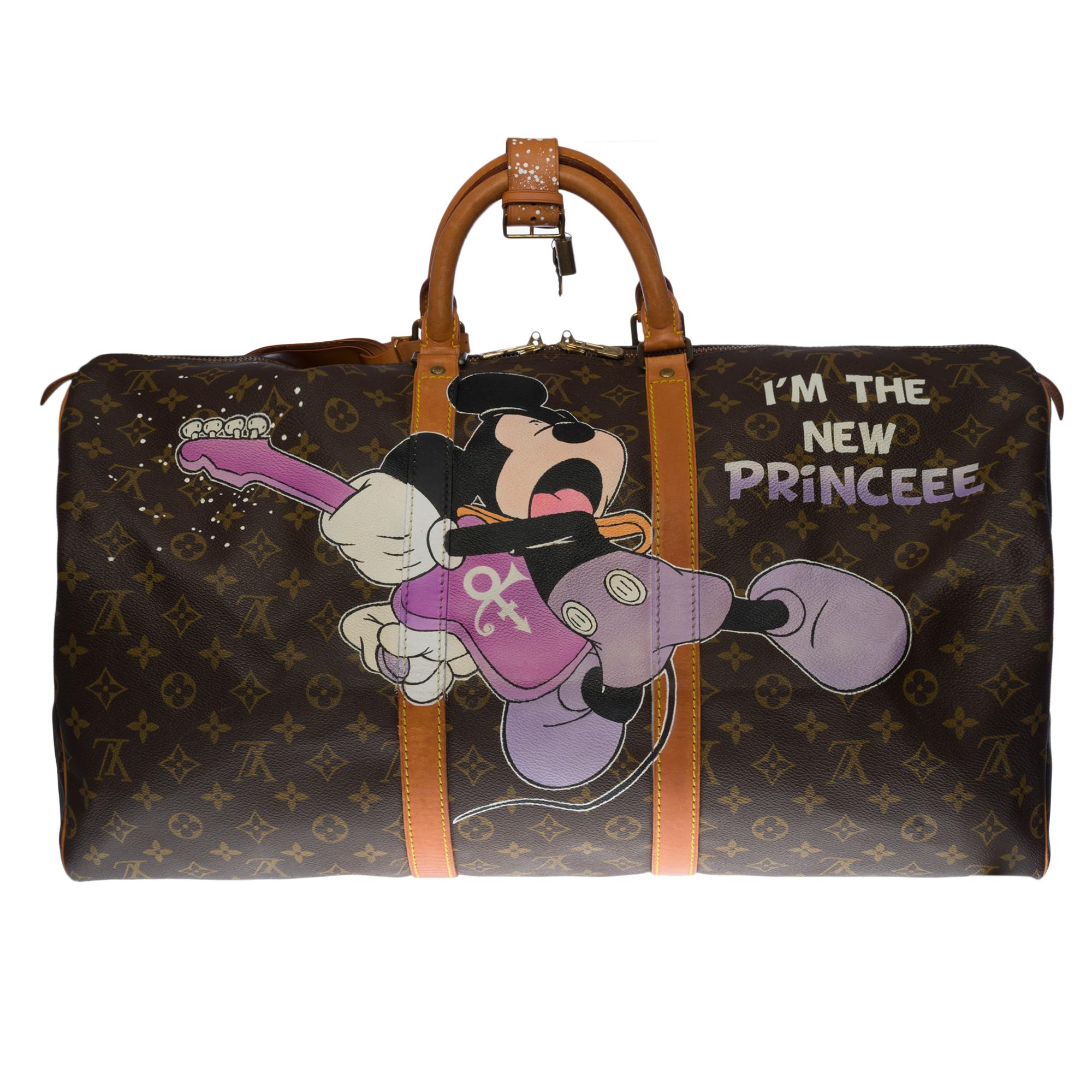 Beautiful Louis Vuitton Keepall travel bag 55 cm in Monogram canvas customized by the fashionable artist of Street Art PatBo in memory of the International Pop Star that was Prince titled 