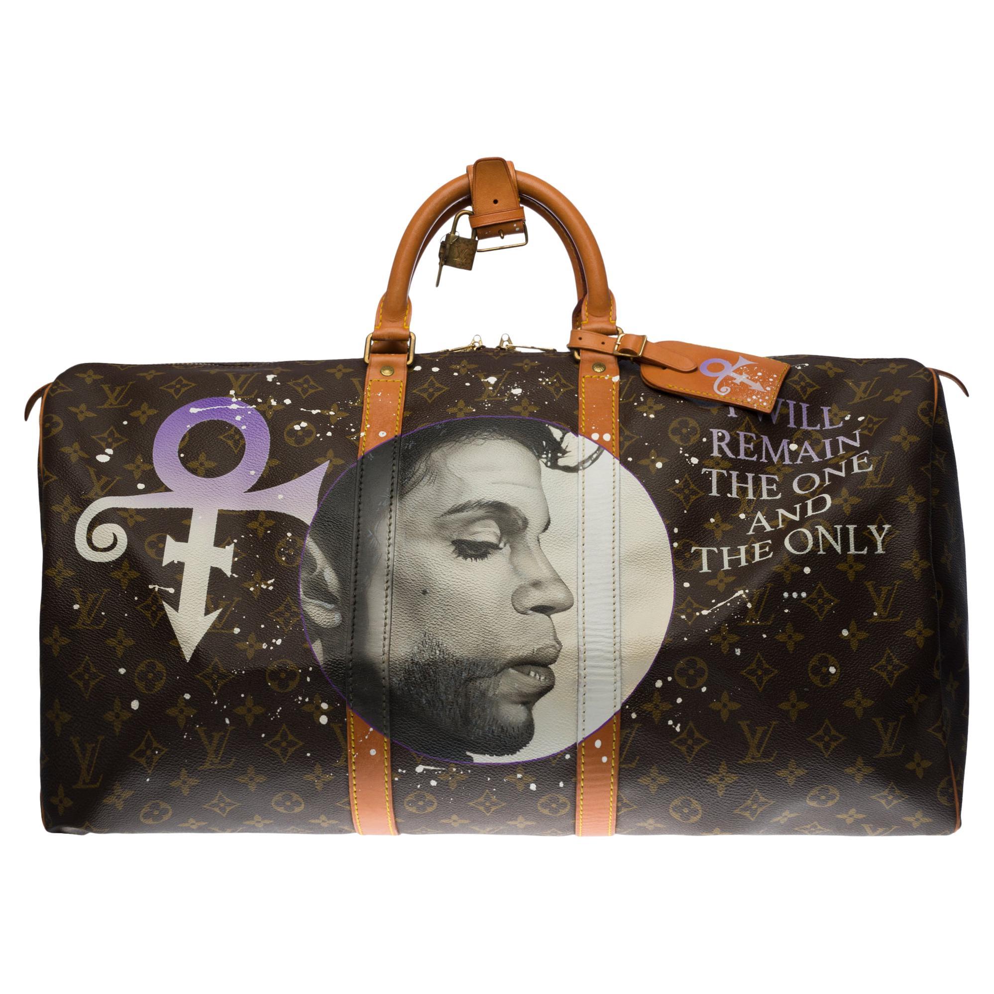 Customized "Prince " Louis Vuitton Keepall 55 travel bag in brown canvas