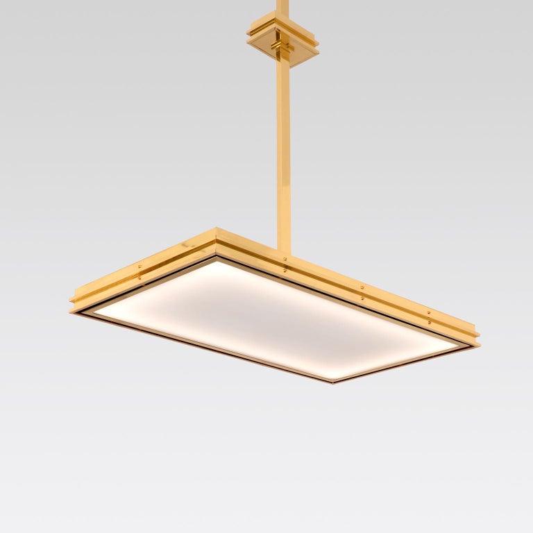Rectangular pendant light in solid brass, customizable.