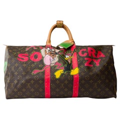Maßgeschneiderte "So Red & Crazy" Louis Vuitton Keepall 55 Reisetasche aus braunem Canvas