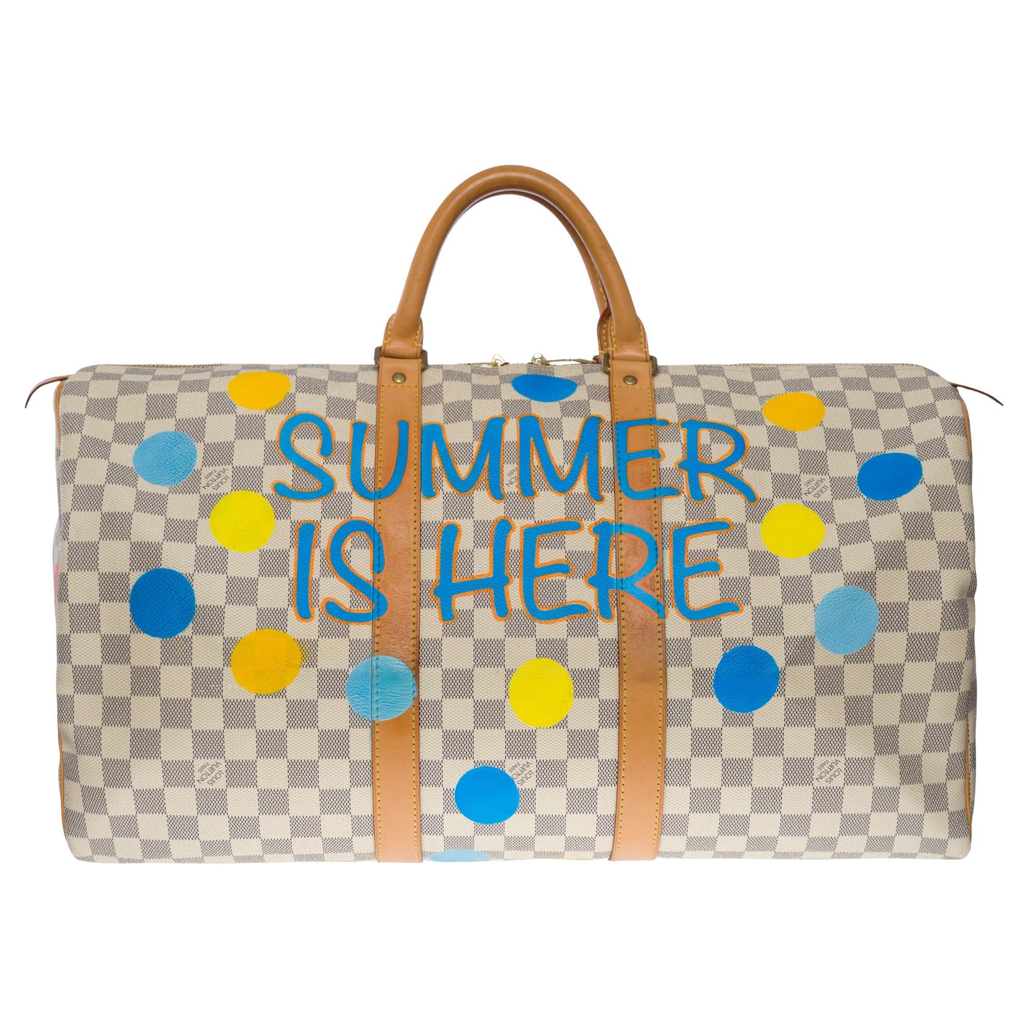 Customized "Summer X Spring" Louis Vuitton Keepall 50 travel bag in azure canvas For Sale
